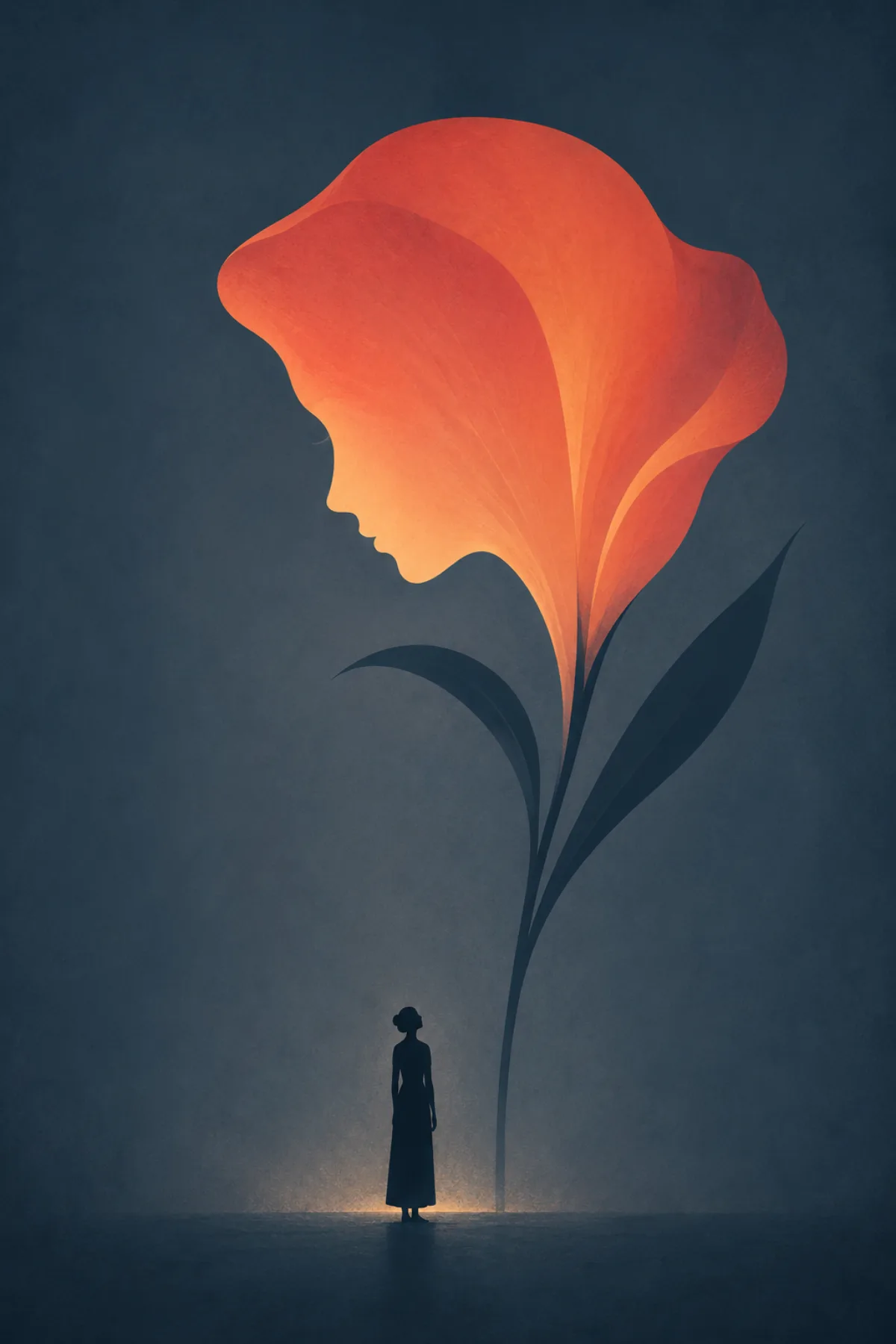 Una pequeña silueta femenina contempla una enorme flor coral cuyo pétalo dibuja el perfil de otra mujer.