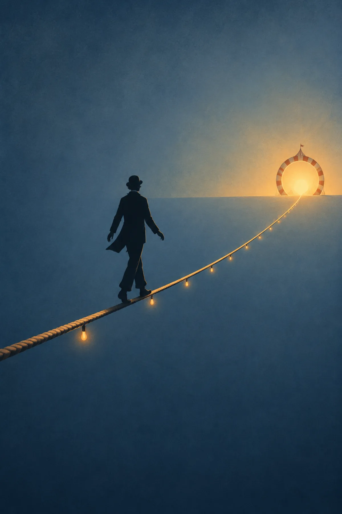 Una figura de estética circense camina sobre una cuerda larguísima iluminada por pequeñas bombillas cálidas hacia un portal de circo que brilla en el horizonte.