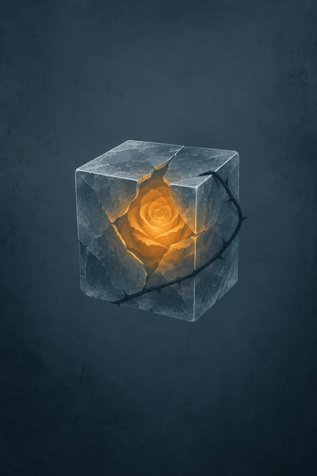 Un cubo de hielo agrietado encierra una rosa luminosa de color ámbar, mientras una espina oscura rodea el bloque sobre un fondo azul grisáceo.