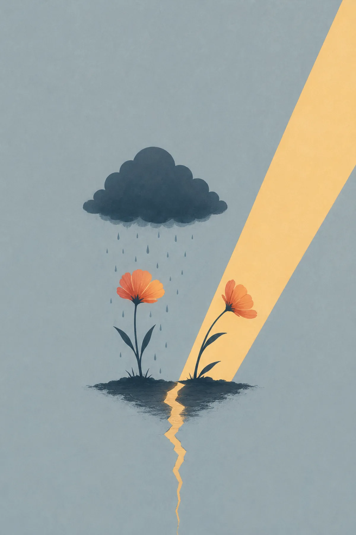 Dos flores anaranjadas crecen separadas: una bajo una nube de lluvia y otra bajo un rayo de sol que abre una grieta entre ambas.