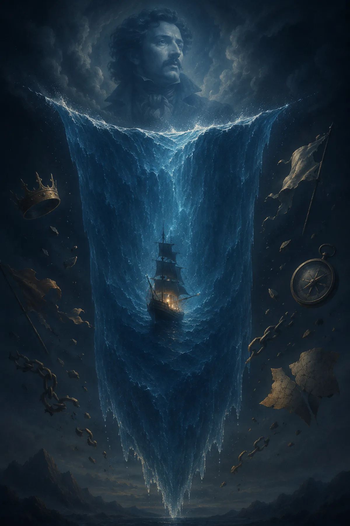 Un océano azul cae en vertical en mitad del cielo y, dentro de él, navega un barco iluminado. Alrededor flotan cadenas, coronas, mapas y una brújula, mientras el rostro de Espronceda aparece entre las nubes.