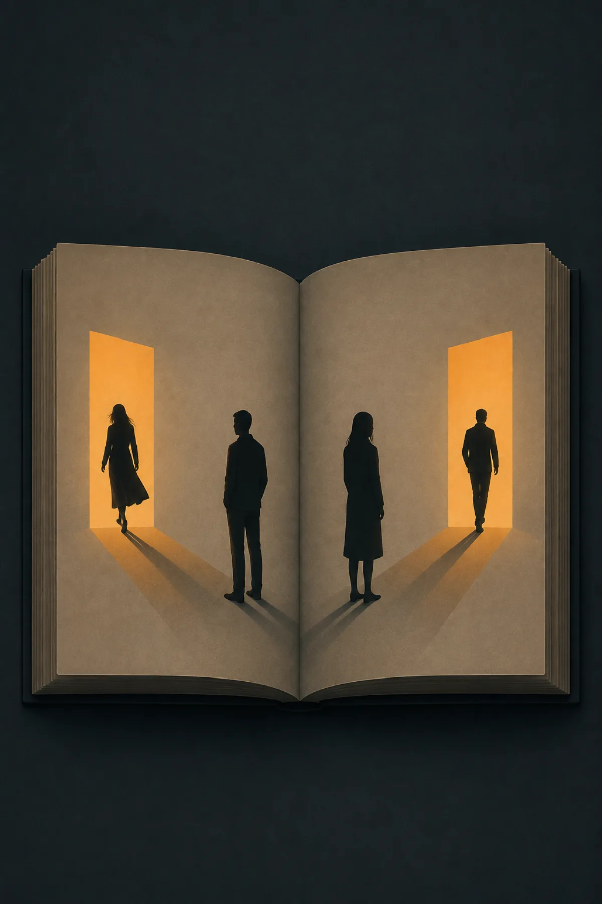 Un libro abierto muestra en la página izquierda a una mujer alejándose de un hombre y, en la derecha, al hombre alejándose de la mujer.