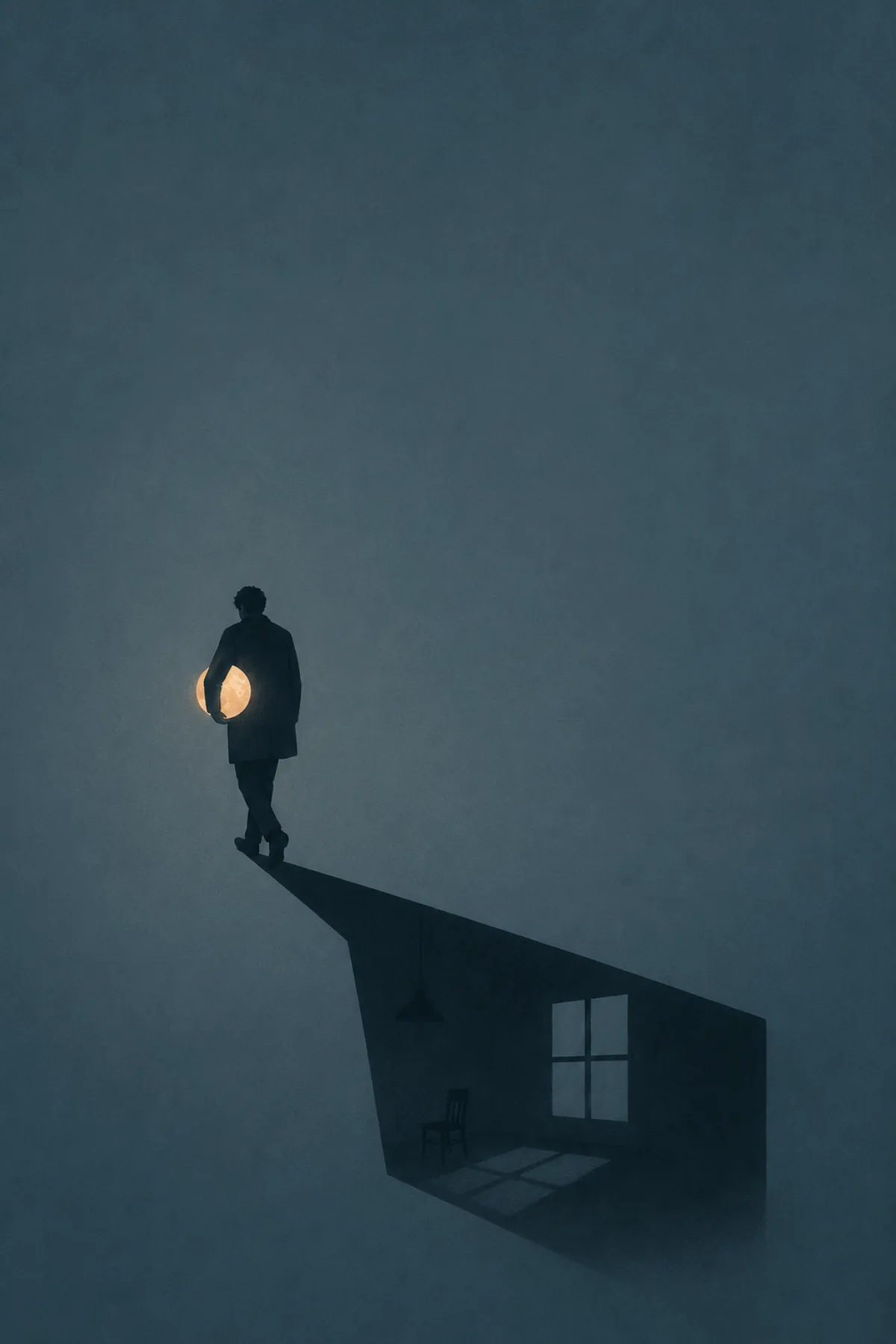 Una figura camina alejándose con una luna brillante bajo el brazo; su sombra se transforma en una habitación vacía con una silla y una ventana.