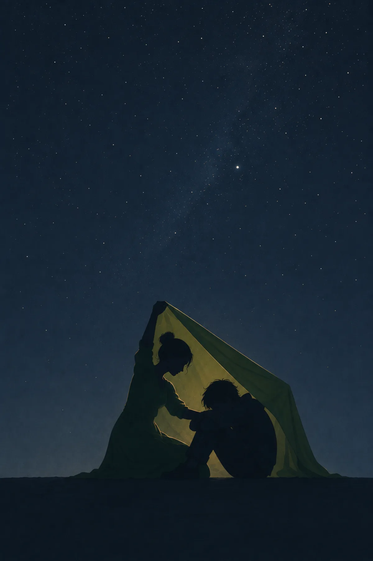 Una mujer sostiene con sus brazos una tela verde que forma un refugio sobre otra figura encogida bajo un cielo nocturno lleno de estrellas.