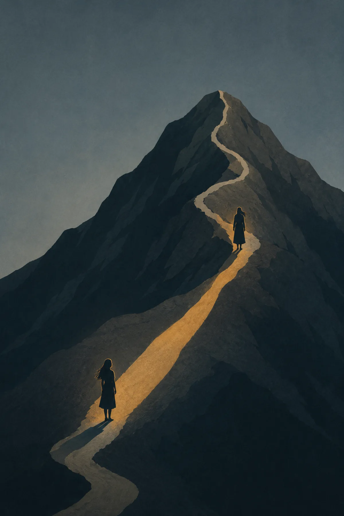 Dos siluetas femeninas permanecen a distintas alturas de una montaña oscura, unidas por un sendero de luz dorada que asciende hasta la cima.