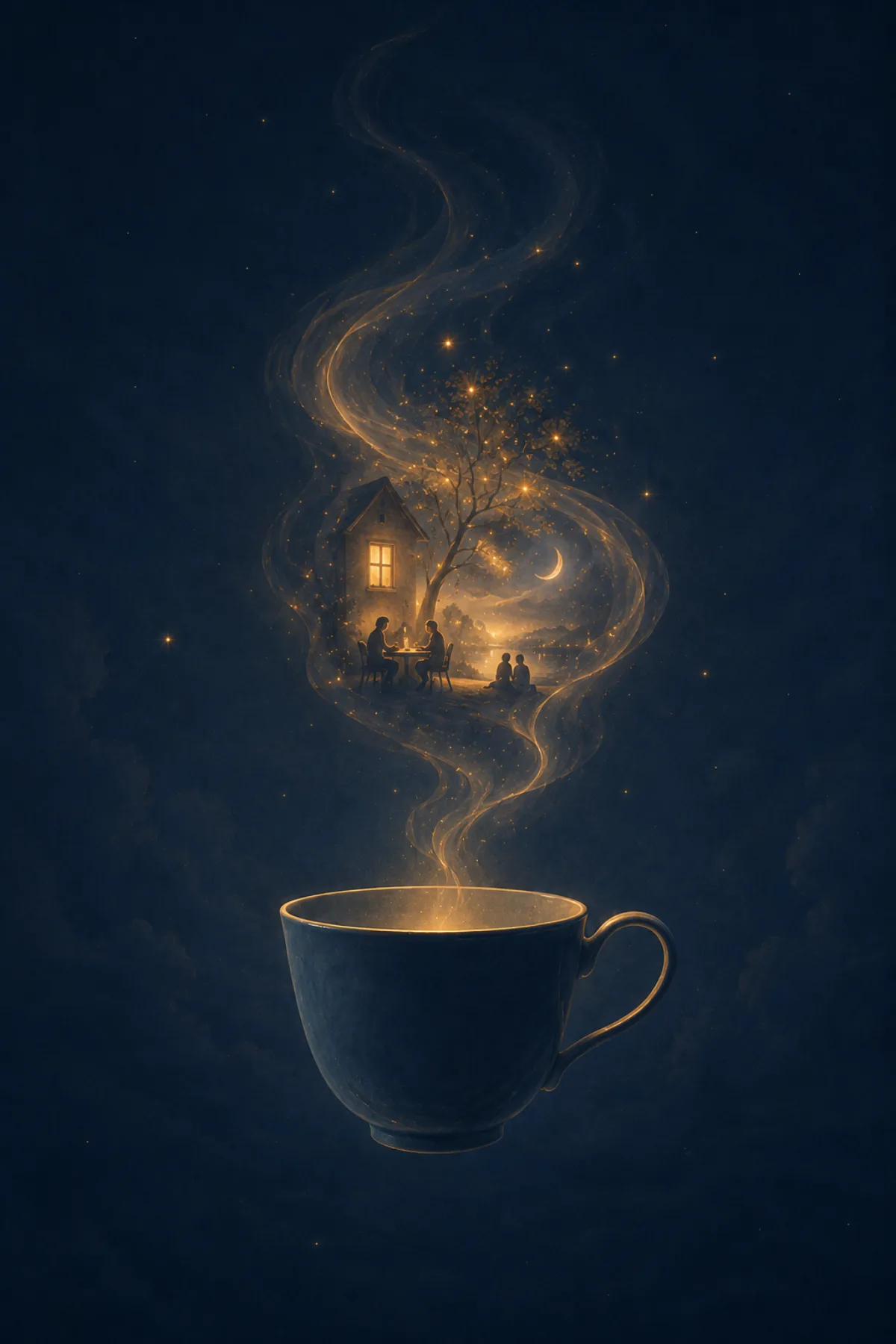 Una taza azul desprende un vaho dorado que se transforma en una pequeña escena cálida de casa, amistad y noche de verano suspendida en el aire.