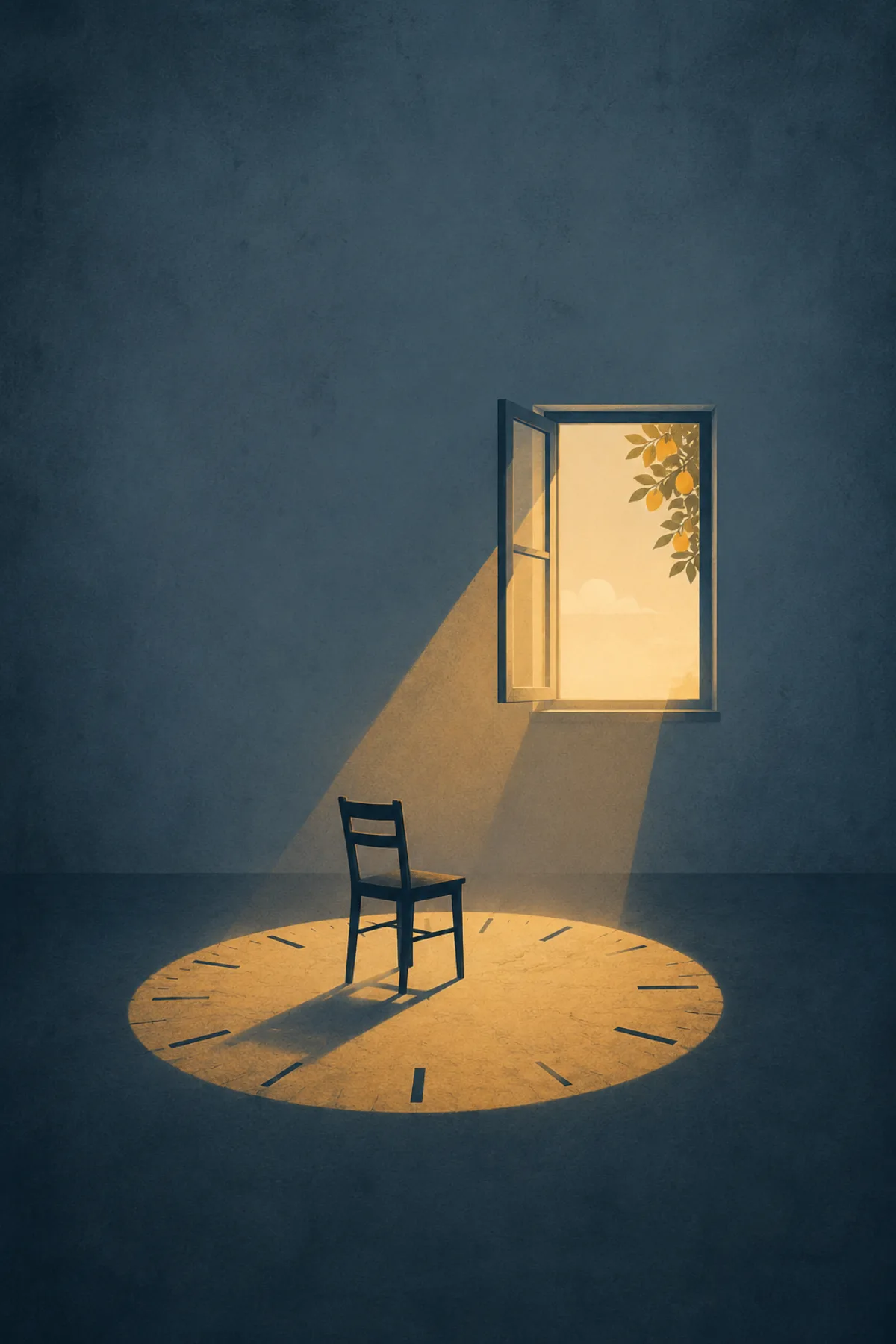Una silla vacía recibe la luz de una ventana abierta, mientras el charco luminoso en el suelo adopta la forma de un reloj.