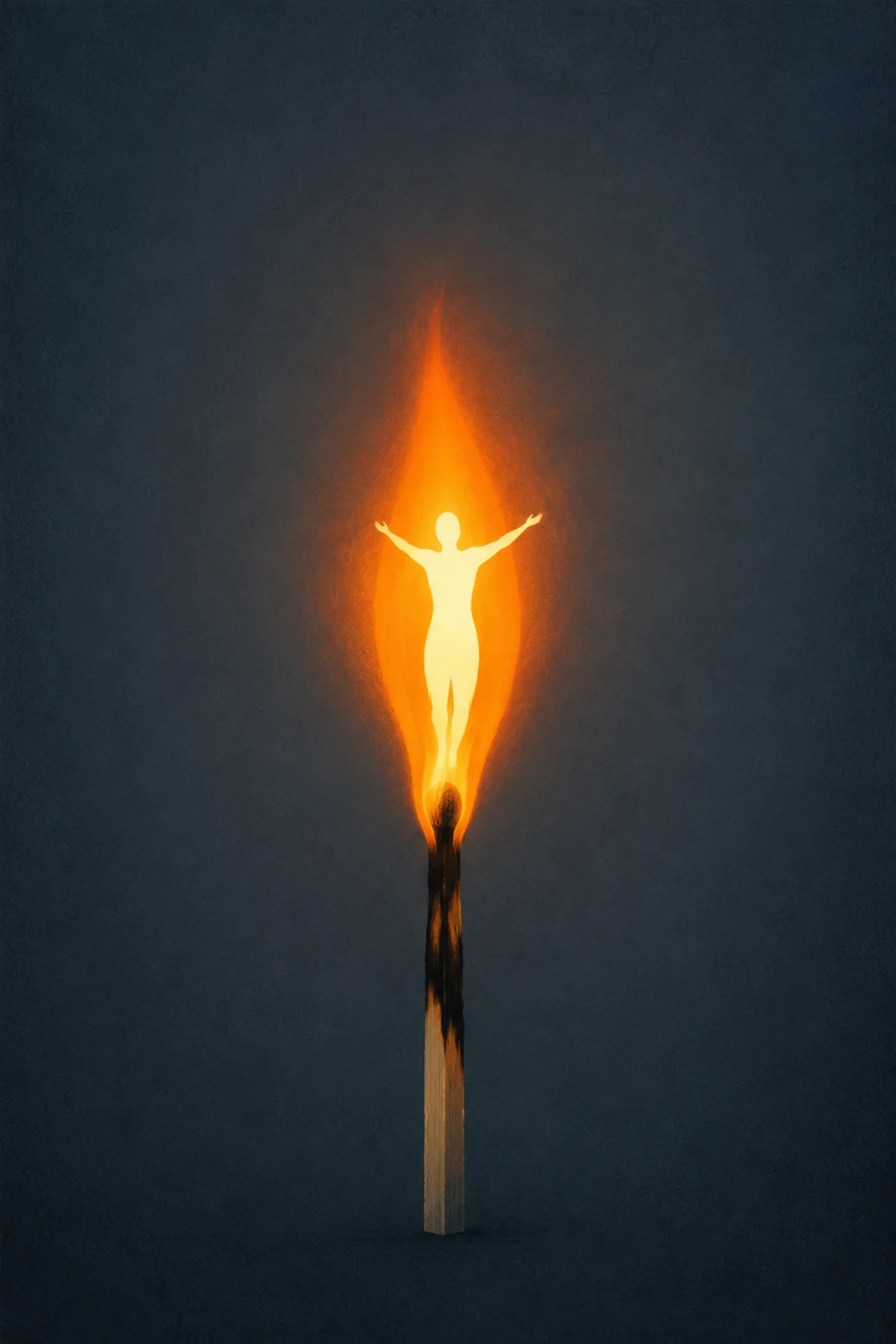 Una cerilla encendida contiene dentro de su llama naranja la silueta luminosa de una persona elevándose con los brazos abiertos.