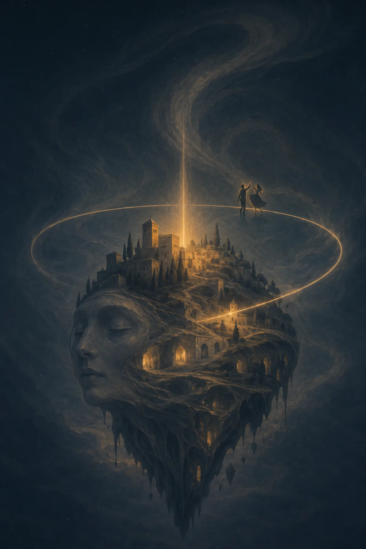 Una Granada imposible flota como una isla con forma de rostro entre un cielo azul oscuro, rodeada por un anillo de luz sobre el que baila una pareja.