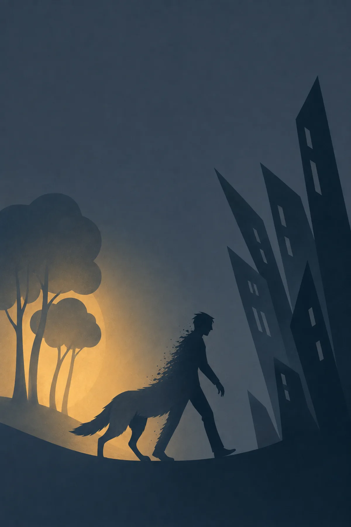Una figura mitad lobo y mitad hombre abandona un bosque cálido y tranquilo para entrar en una ciudad azul grisácea de edificios afilados.