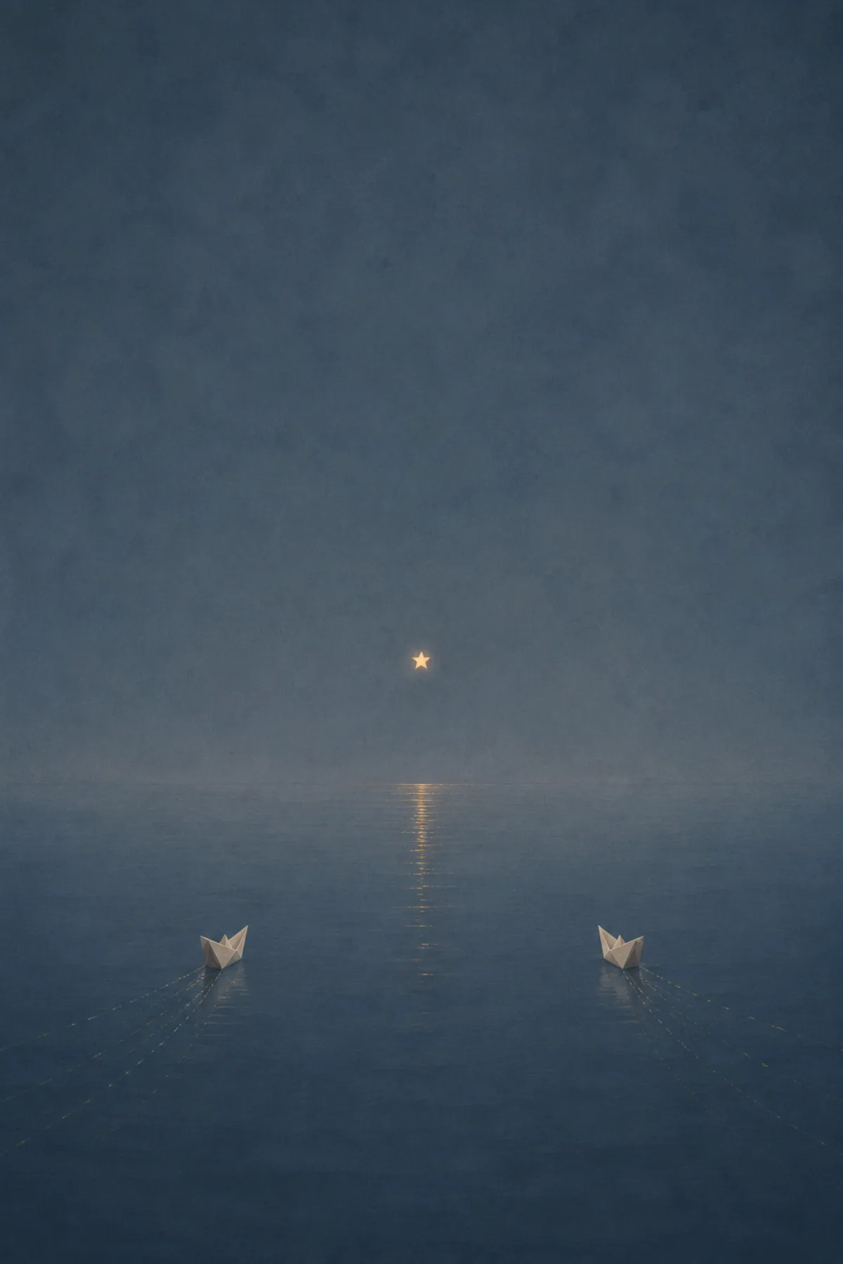 Dos barquitos de papel navegan sobre un mar azul grisáceo hacia una única estrella ámbar situada sobre el horizonte.