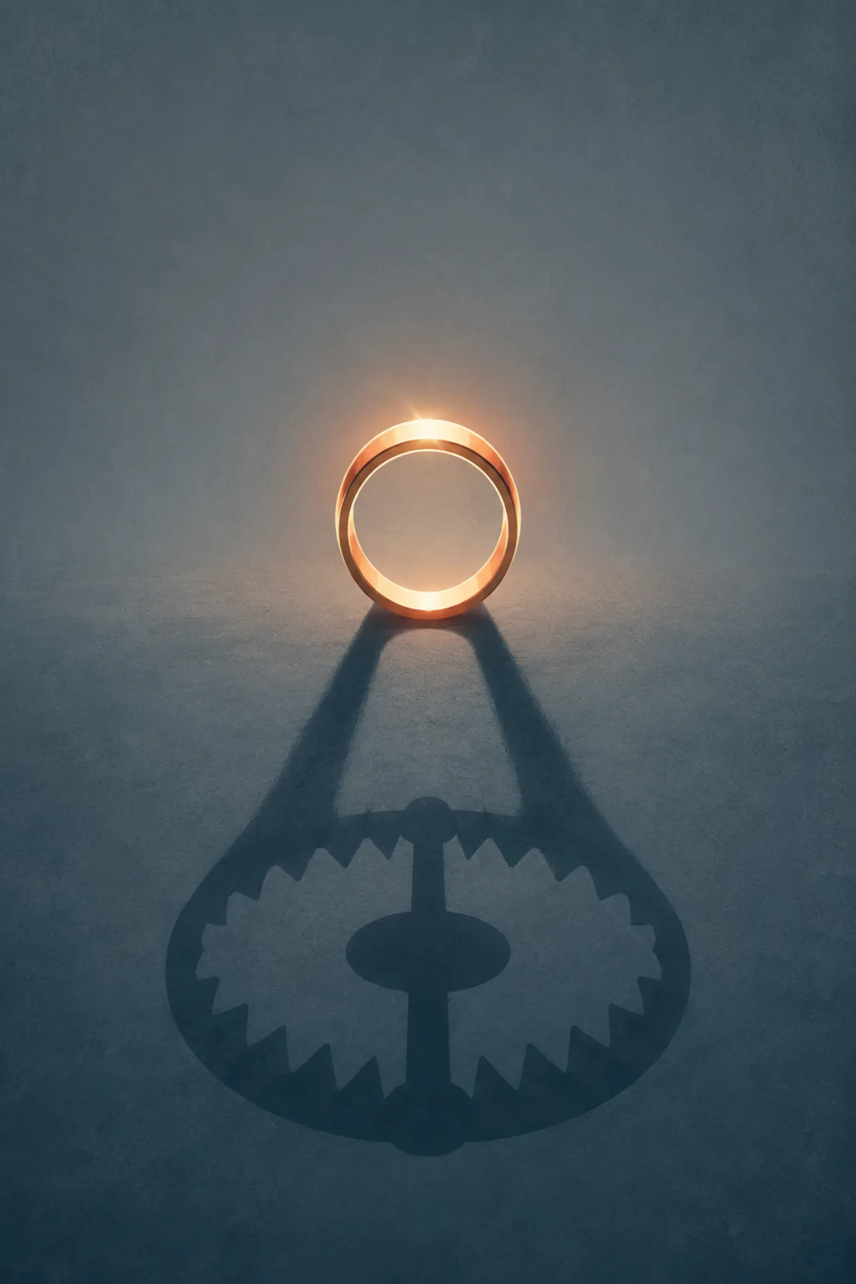 Un anillo de boda dorado proyecta sobre el suelo azul grisáceo una larga sombra con forma de trampa de hierro abierta.
