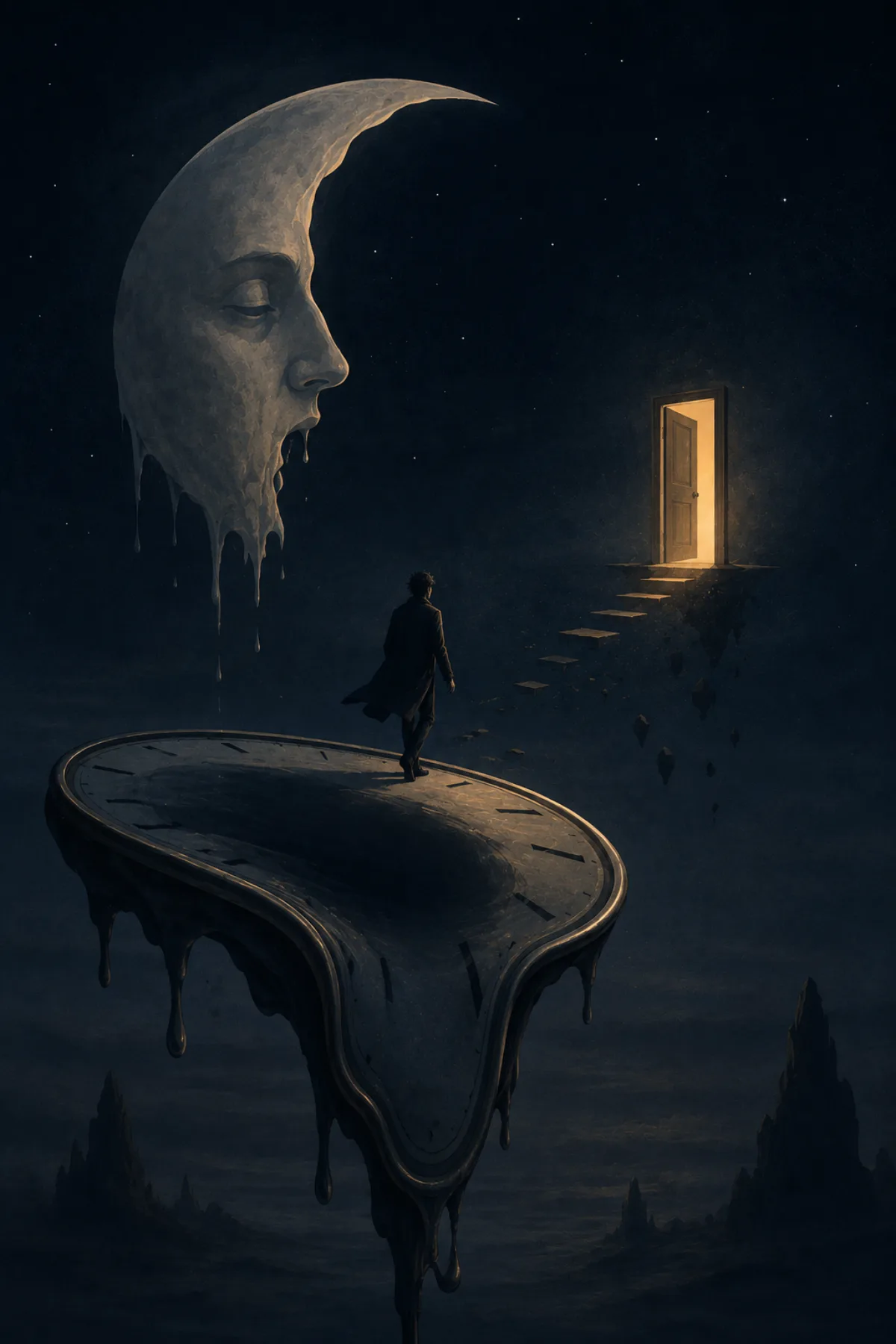 Una figura solitaria camina de noche sobre un reloj derretido hacia una puerta iluminada que flota en el vacío bajo una luna deformada.