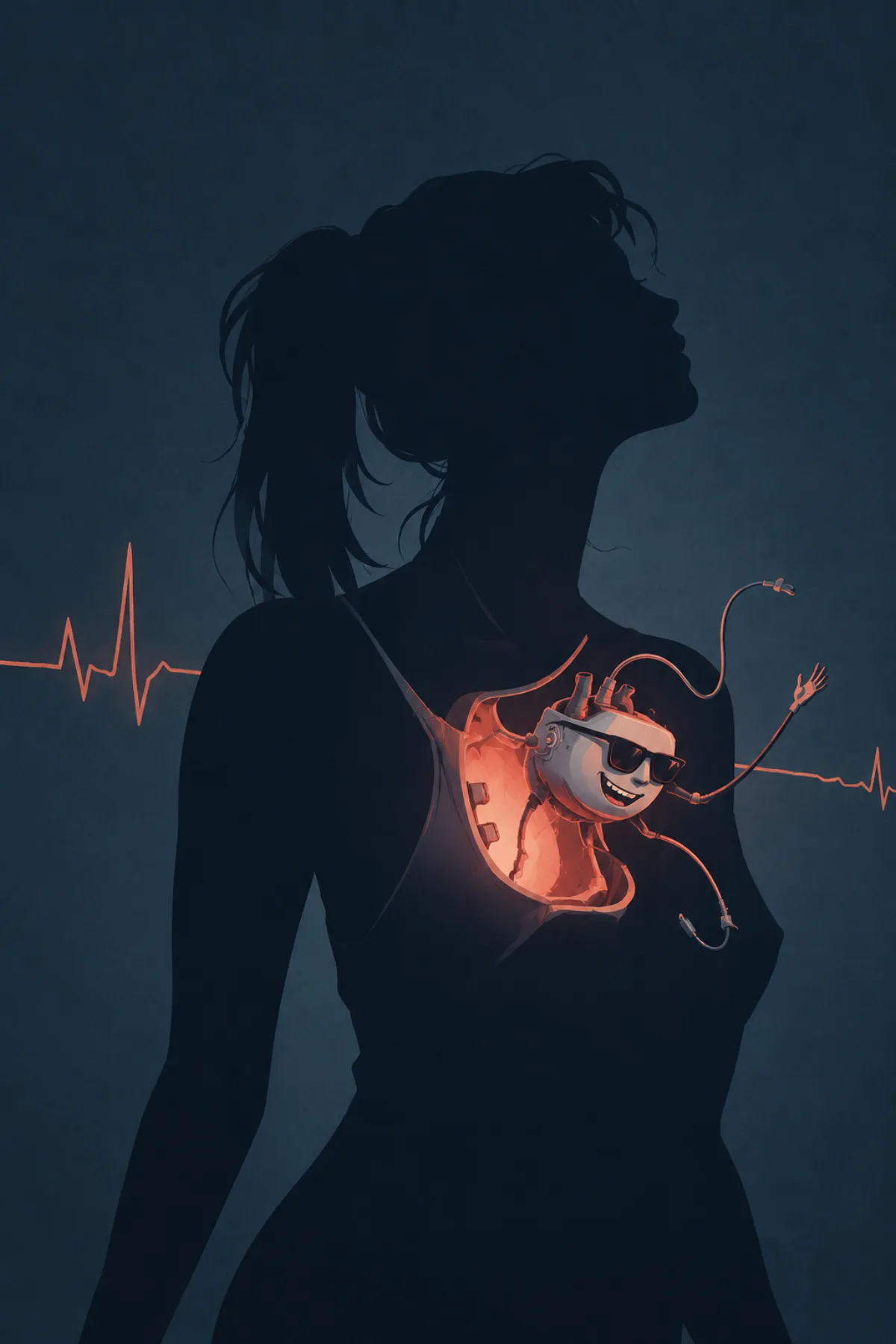 La silueta de una joven contiene en el pecho un pequeño corazón mecánico luminoso con aspecto de criatura traviesa y cables extendidos.