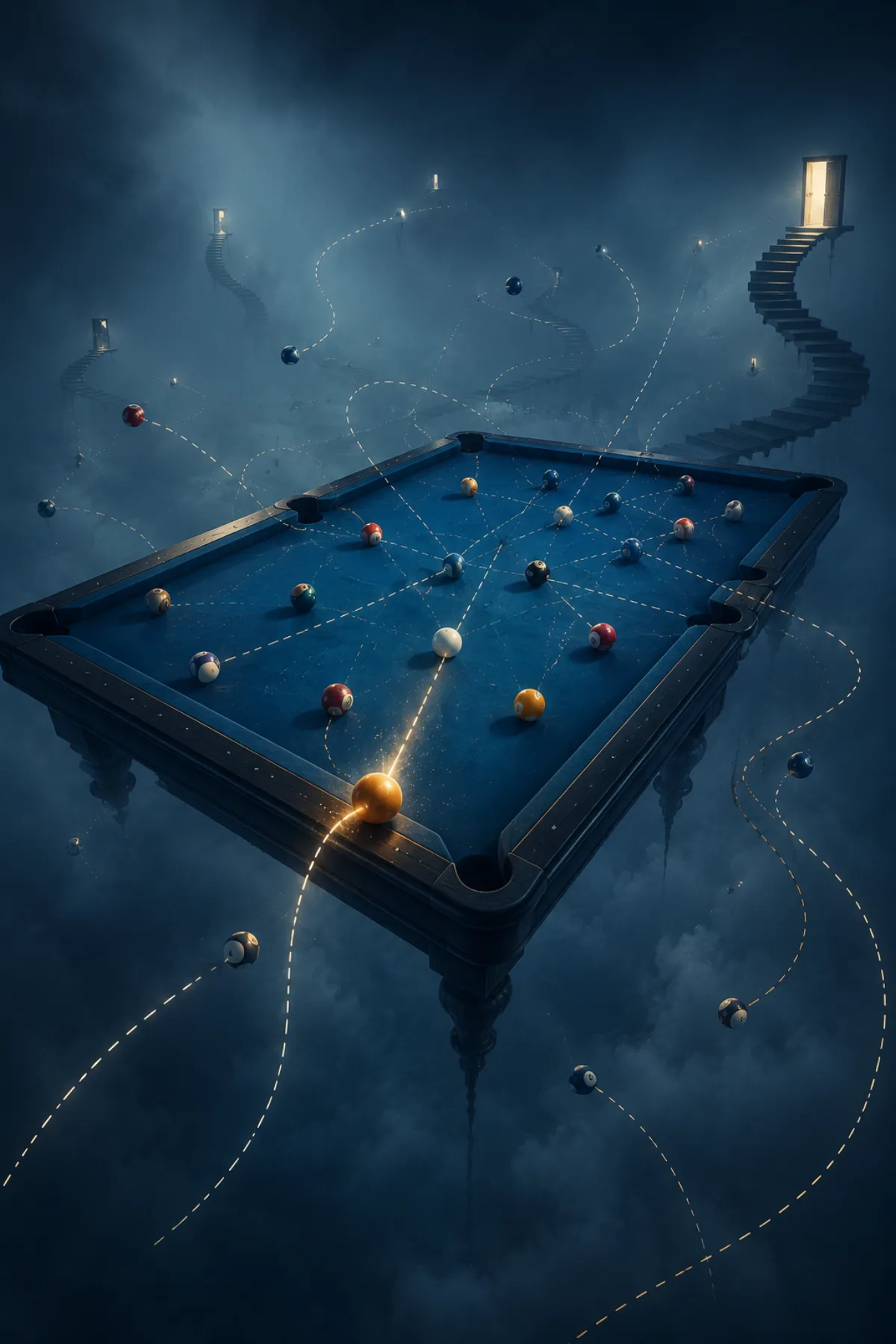 Una mesa de billar azul flota entre nubes mientras varias bolas siguen trayectorias imposibles y una de ellas, iluminada en ámbar, vuelve a desviarse fuera de la mesa.