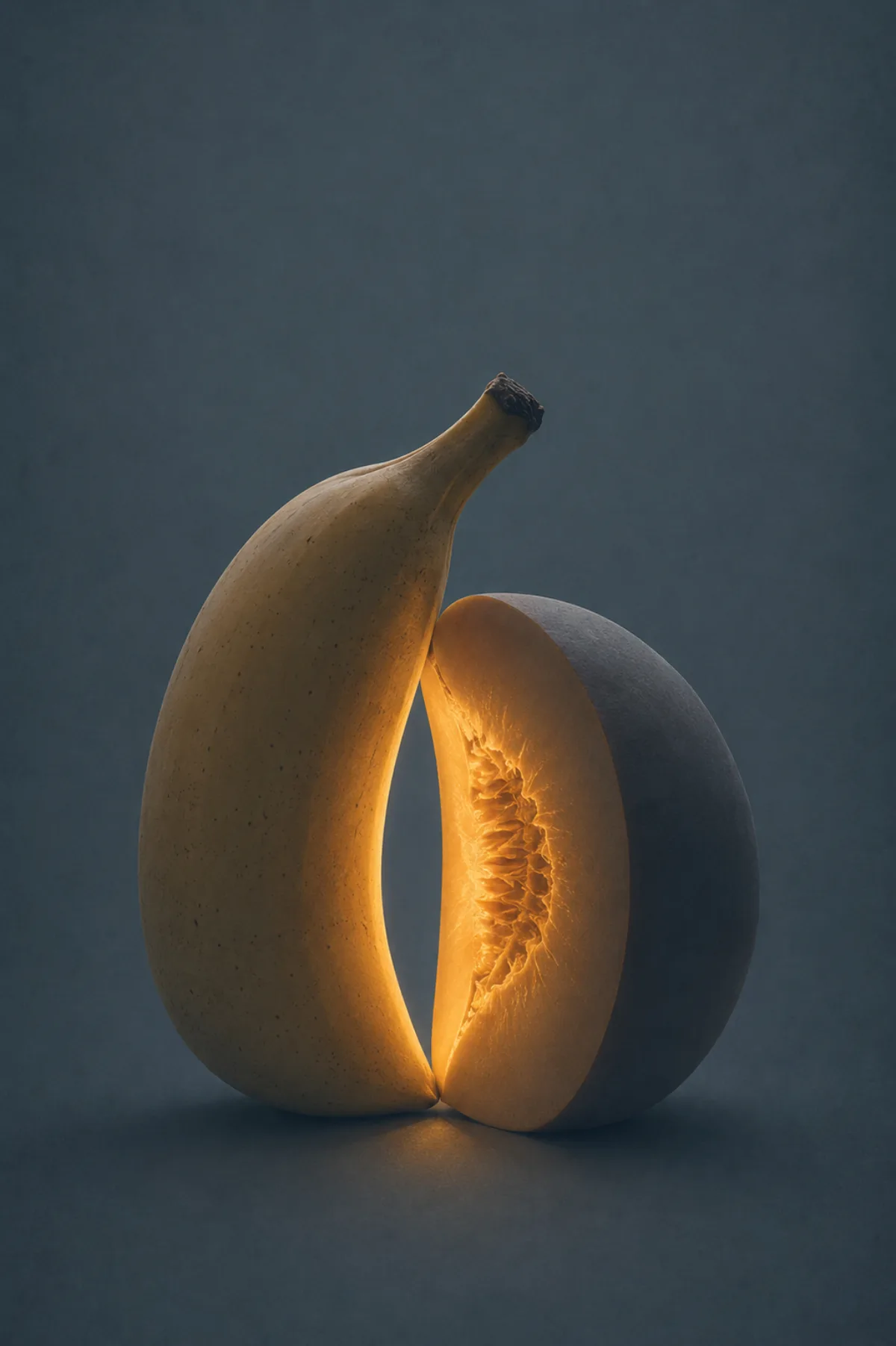 Un plátano y una fruta abierta descansan juntos sobre un fondo azul grisáceo mientras una luz ámbar nace justo en el punto en que casi se tocan.