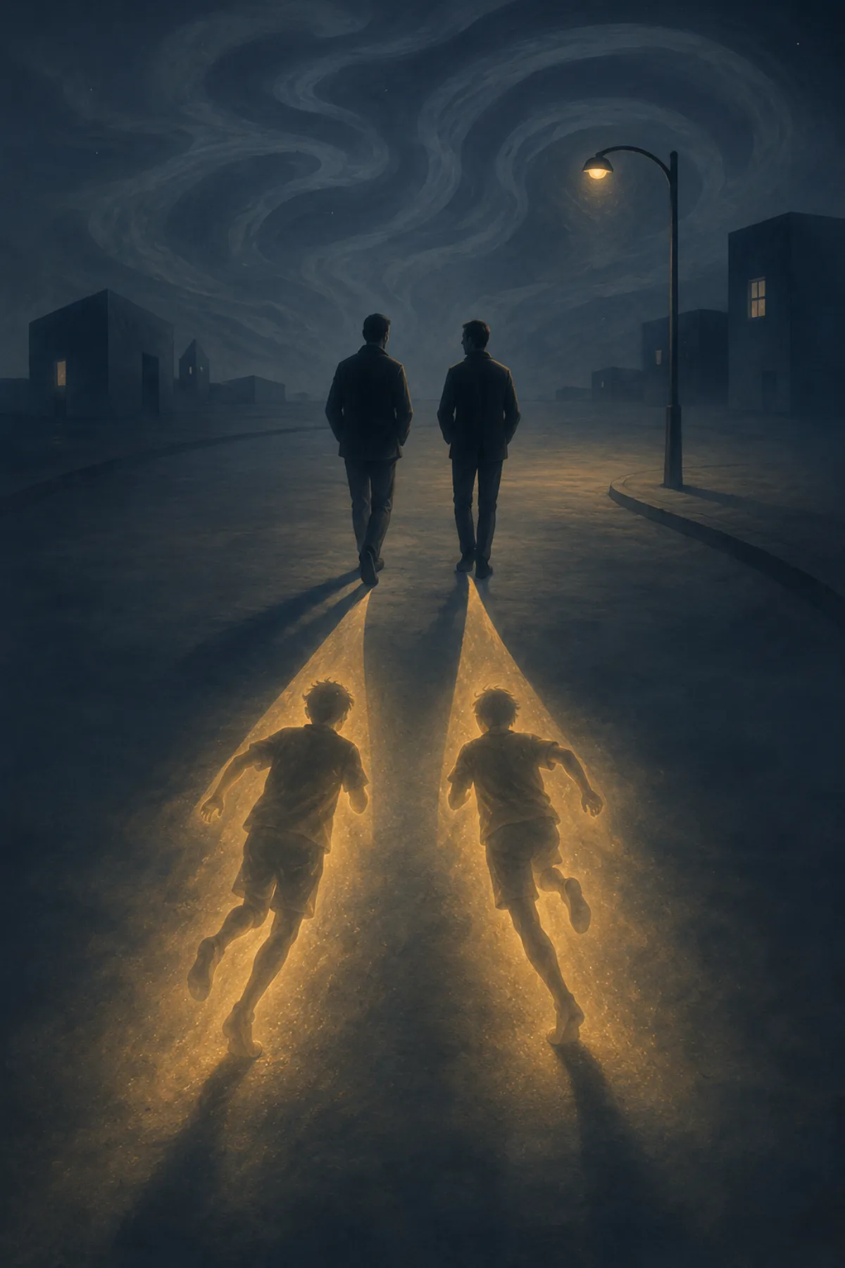 Dos hombres adultos caminan juntos por una calle nocturna azul, mientras sus sombras doradas se transforman en dos chavales corriendo.