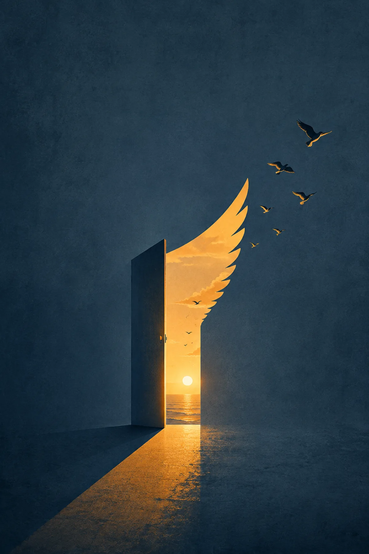 Una puerta oscura abierta hacia un horizonte dorado se prolonga en forma de ala, mientras varias aves vuelan sobre un fondo azul grisáceo.