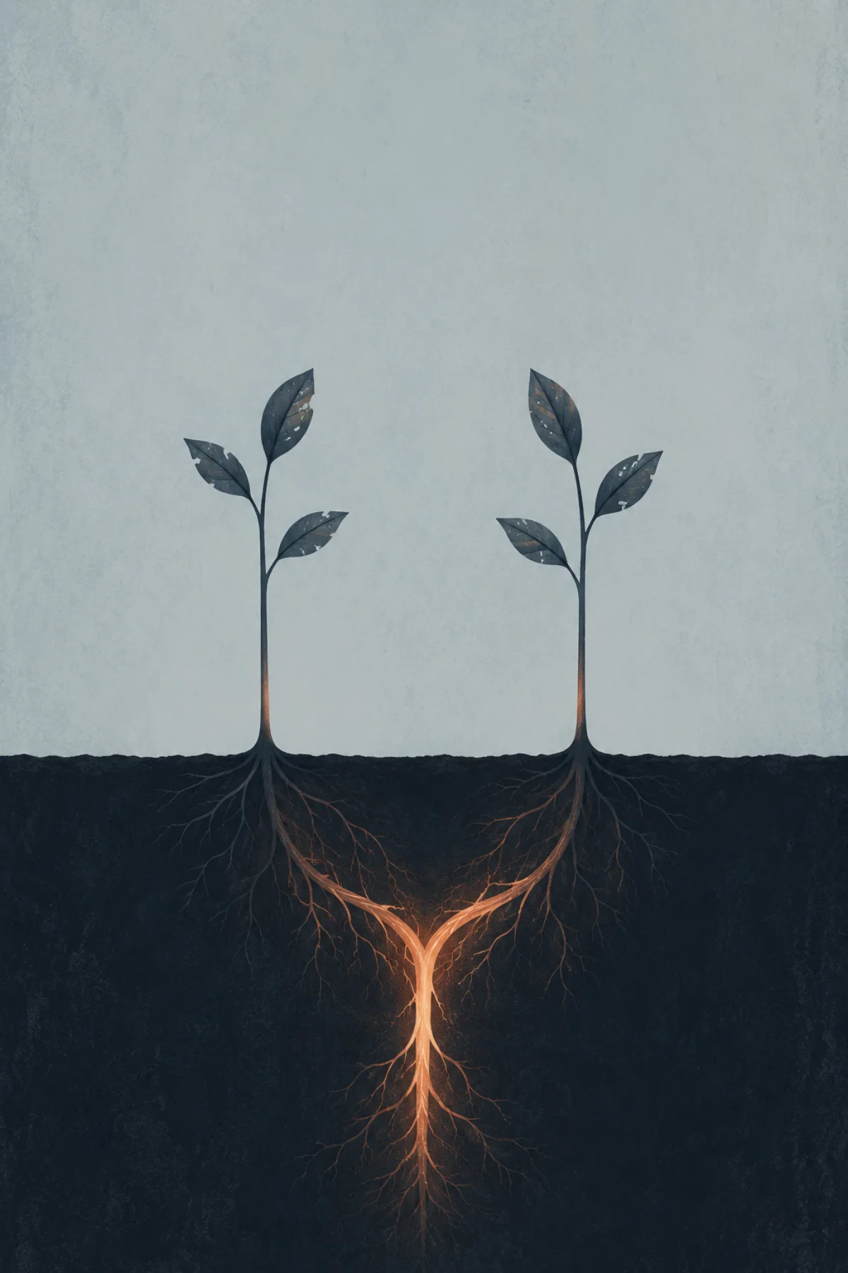 Dos plantas oscuras crecen separadas sobre la tierra, pero sus raíces se unen bajo ella en una sola raíz luminosa.