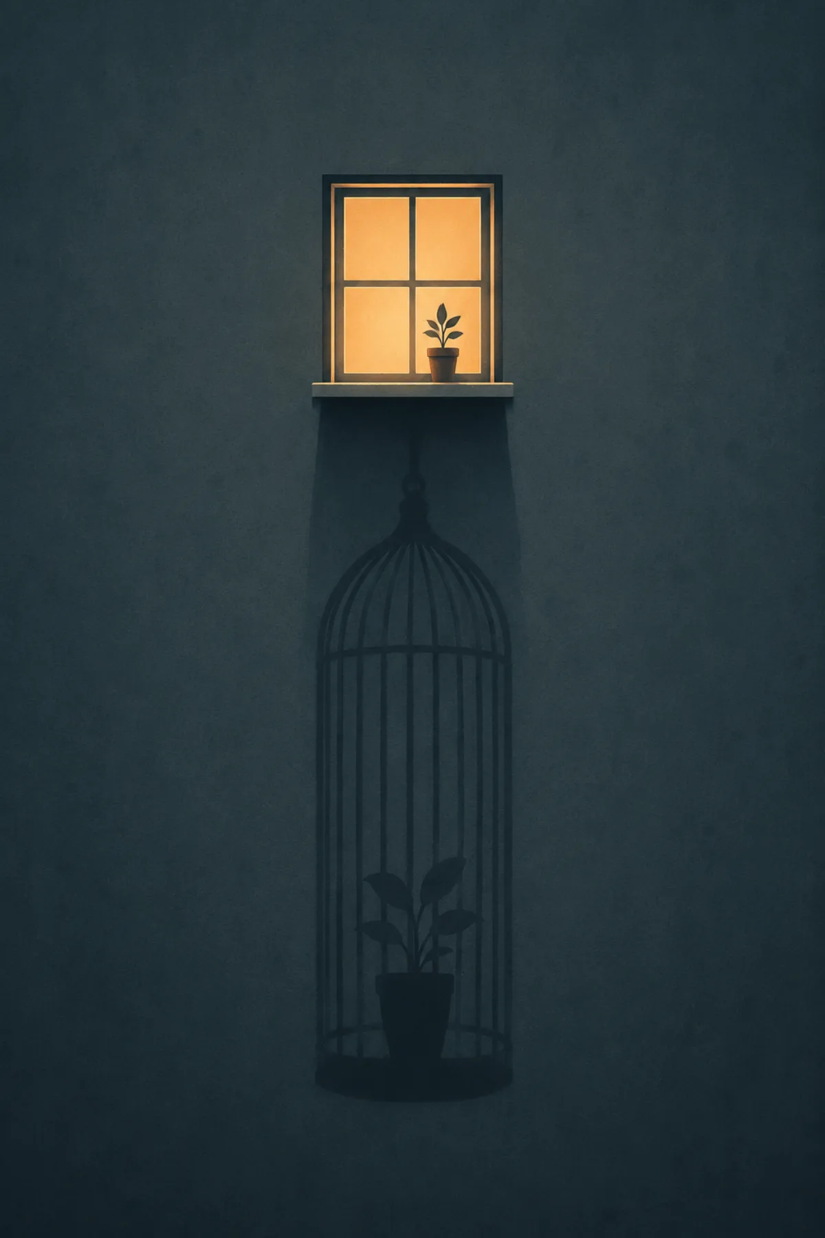Una pequeña ventana iluminada con una planta en el alféizar proyecta una larga sombra que se transforma en una jaula alrededor de esa misma planta.