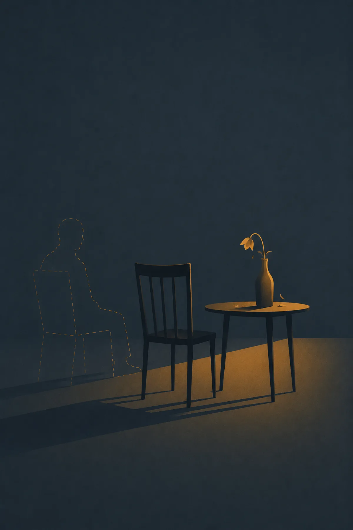 Una silla vacía frente a una mesa con un jarrón y una flor marchita; a su lado, una figura humana aparece solo como un contorno de luz incompleto.