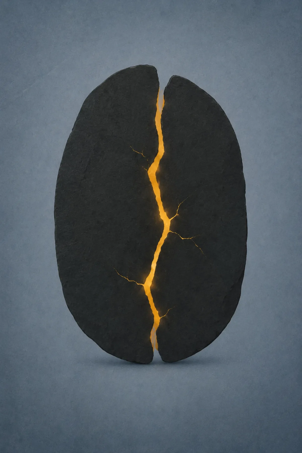 Una grieta dorada atraviesa verticalmente una superficie oscura, evocando una reparación de kintsugi.