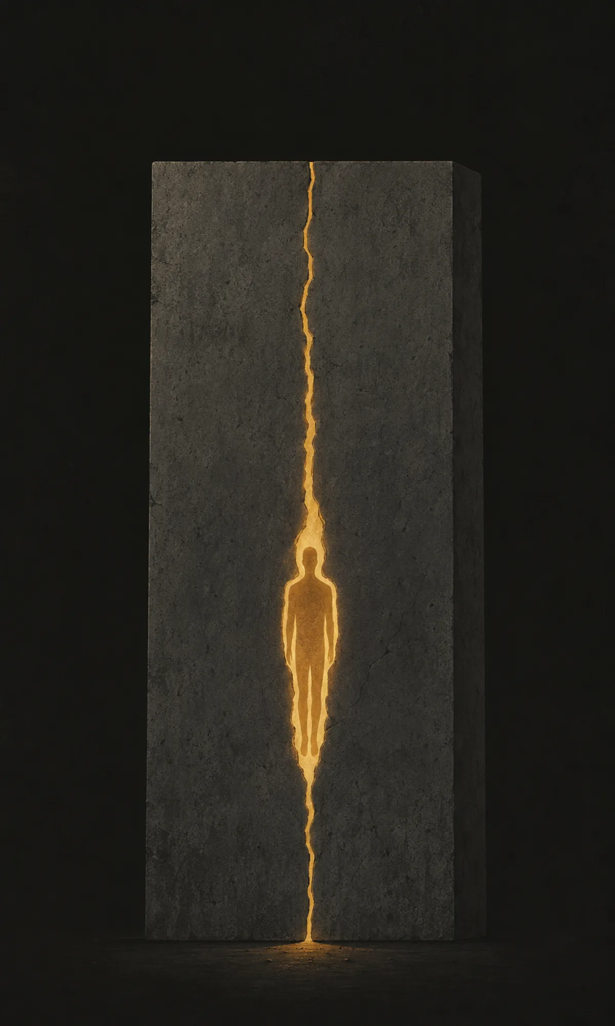 Un monolito rectangular gris atravesado por una grieta dorada que forma la silueta de una persona atrapada en su interior.