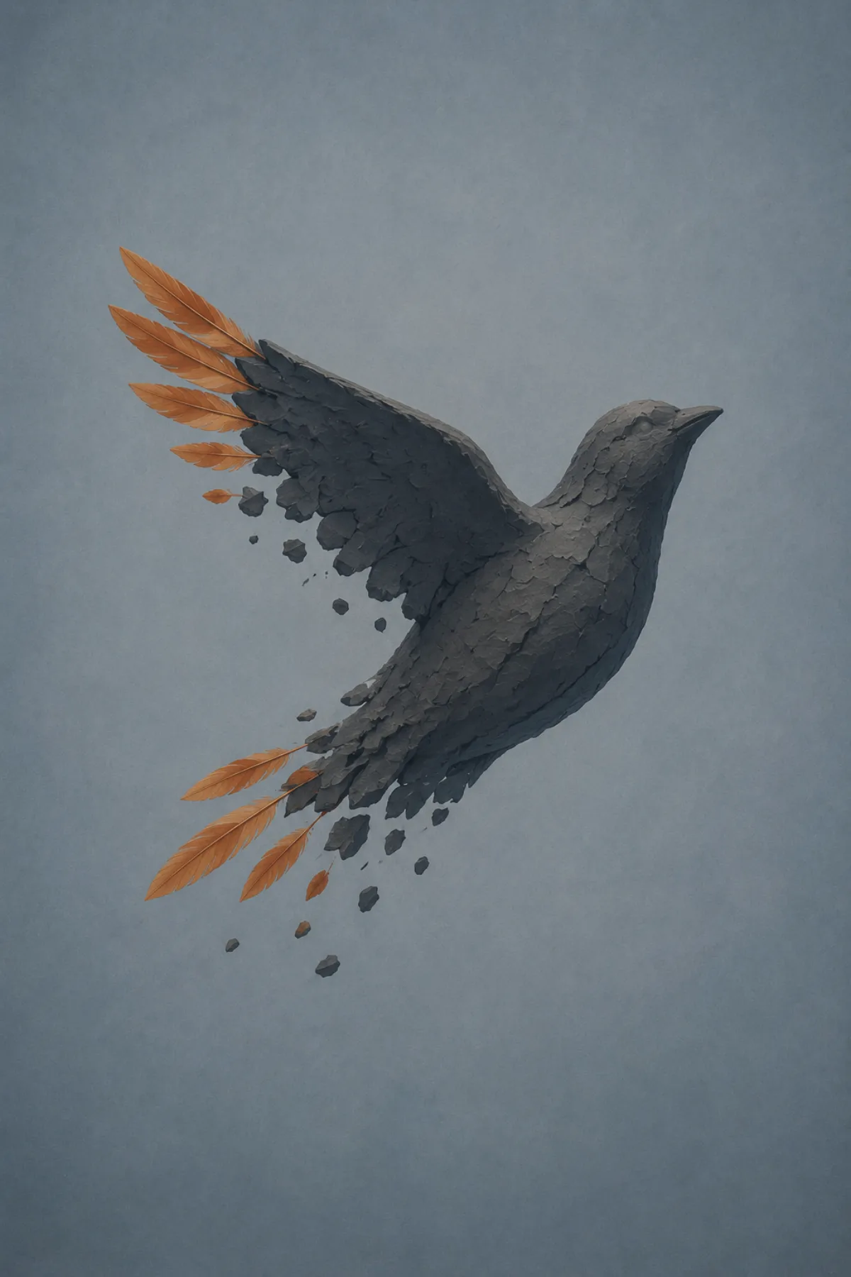 Un pájaro oscuro modelado en barro intenta volar mientras los fragmentos que pierde se transforman en plumas de terracota.