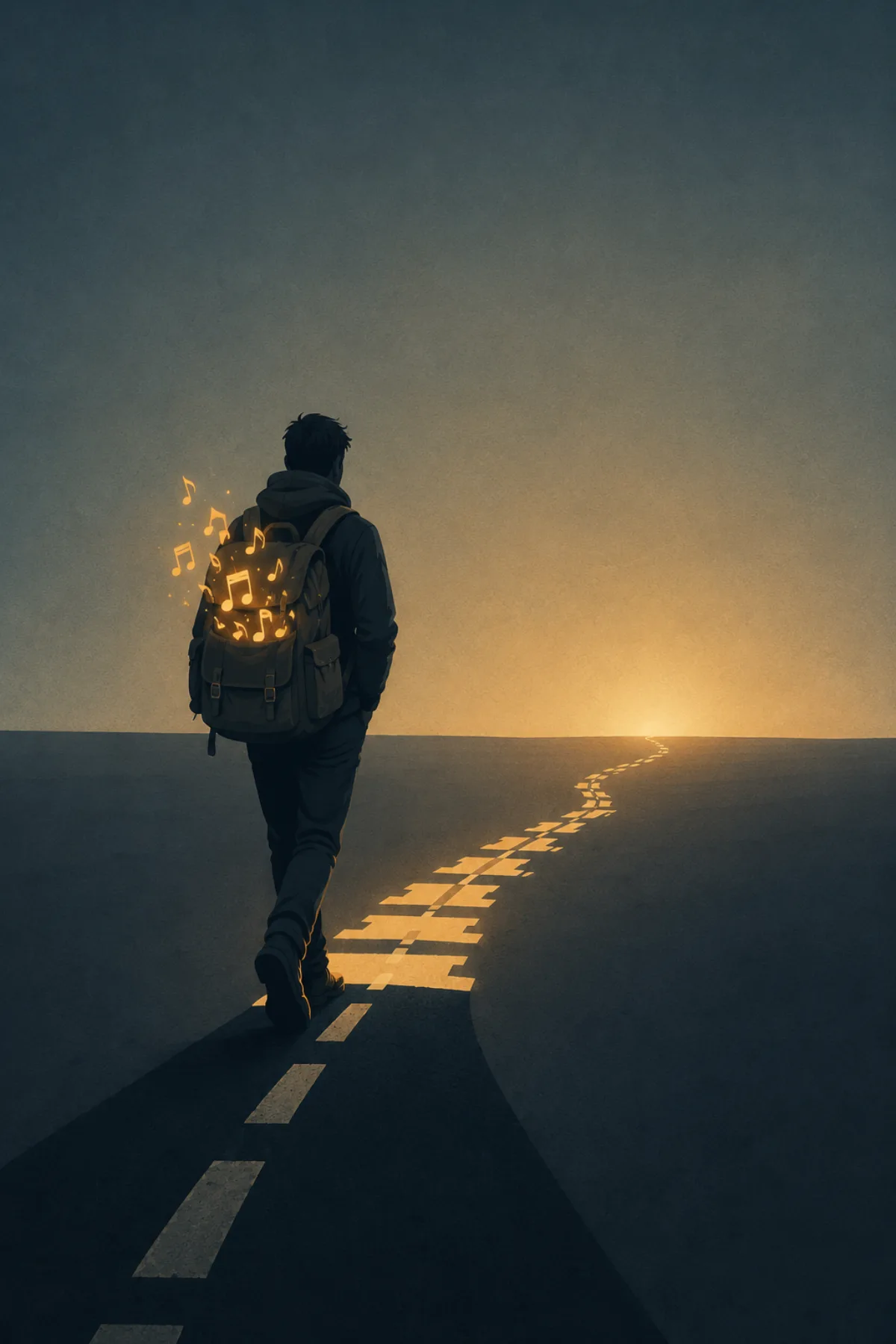 Una figura joven de espaldas camina con una mochila de la que salen notas luminosas mientras un camino dorado aparece bajo sus pasos hacia el horizonte.