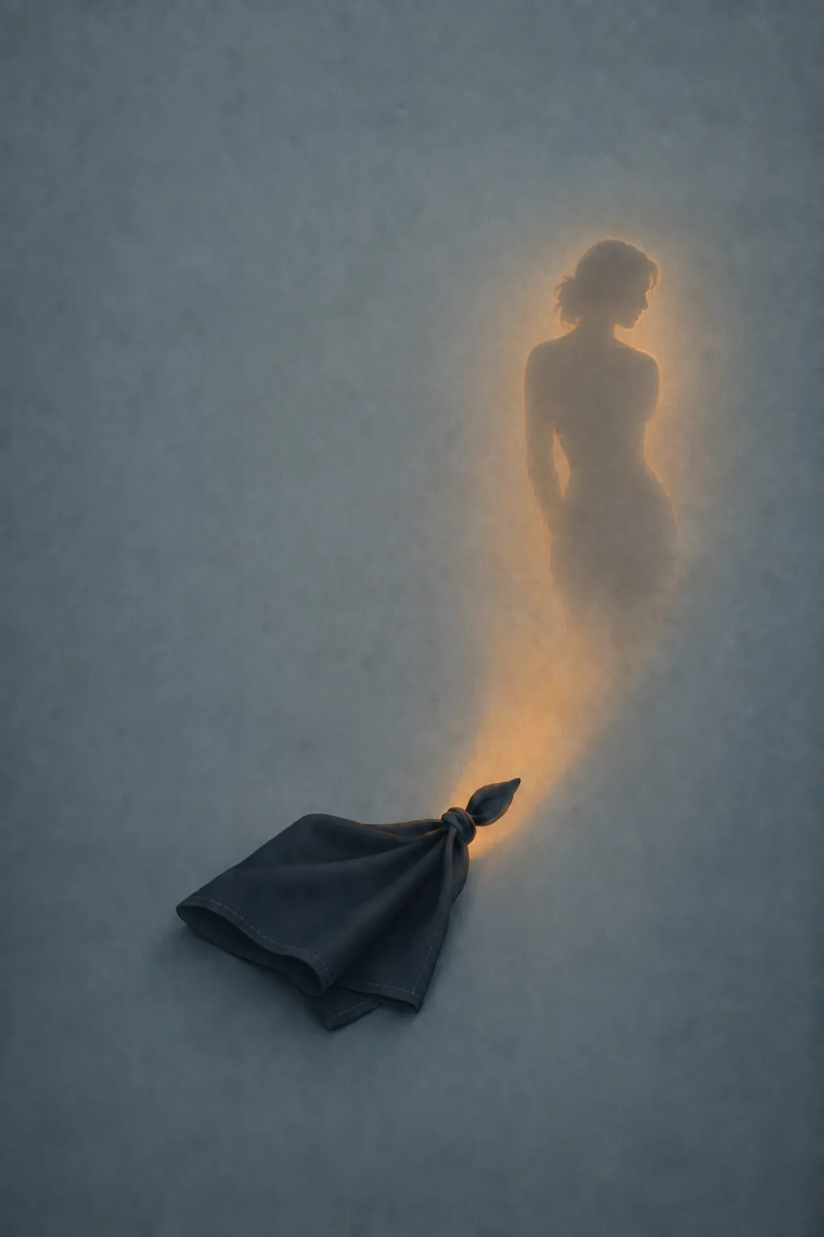 Un pañuelo oscuro anudado descansa sobre un fondo azul grisáceo y proyecta una silueta femenina cálida y sensual formada por luz y niebla.