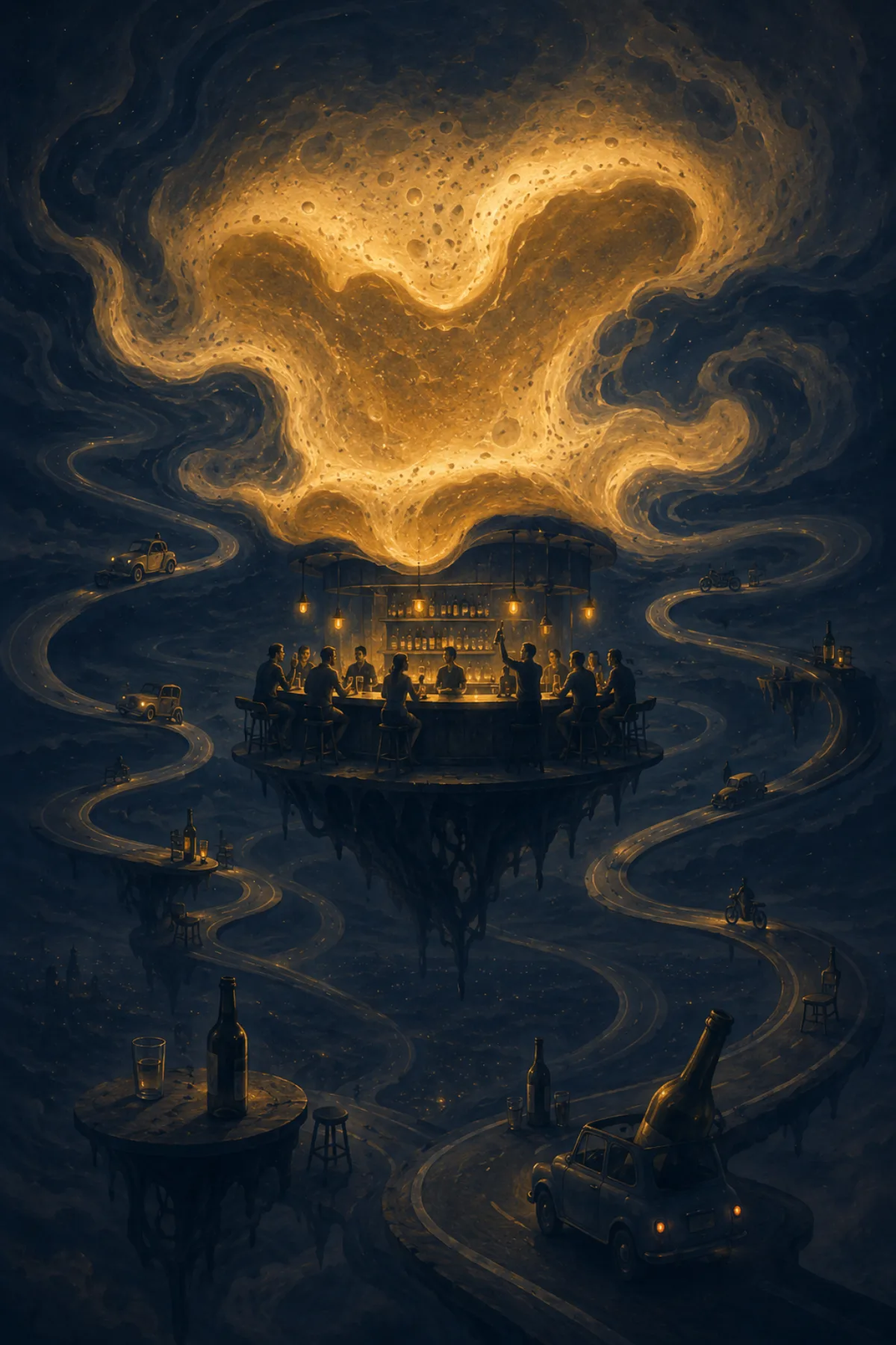 Un bar flotante iluminado en ámbar cuelga en mitad de un cielo azul oscuro mientras varias carreteras imposibles llegan hasta él entre coches diminutos, botellas y una gran nube de espuma dorada.