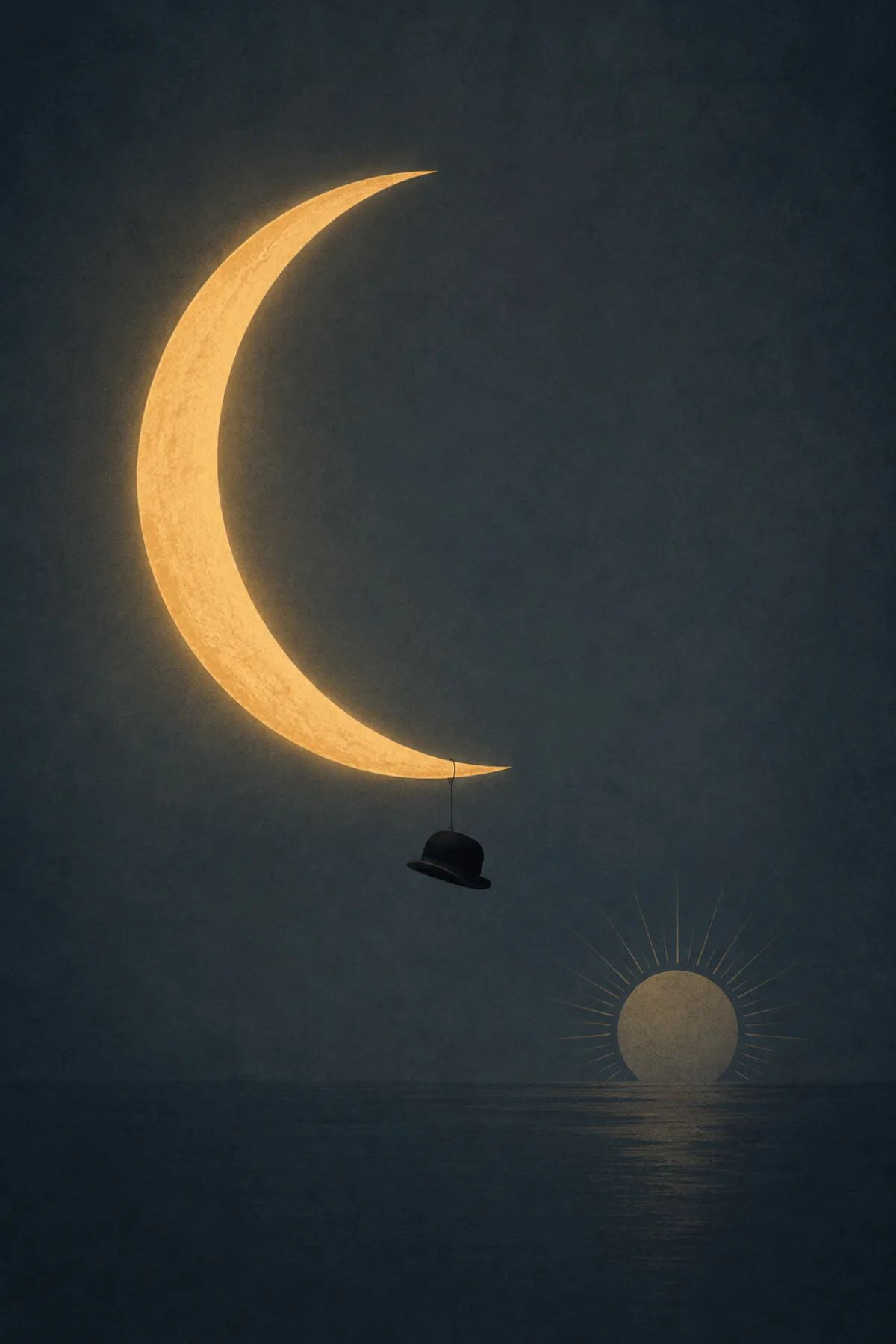 Una gran luna creciente de forma sensual lleva un bombín mientras un sol pequeño y apagado asoma en el horizonte sobre el mar.