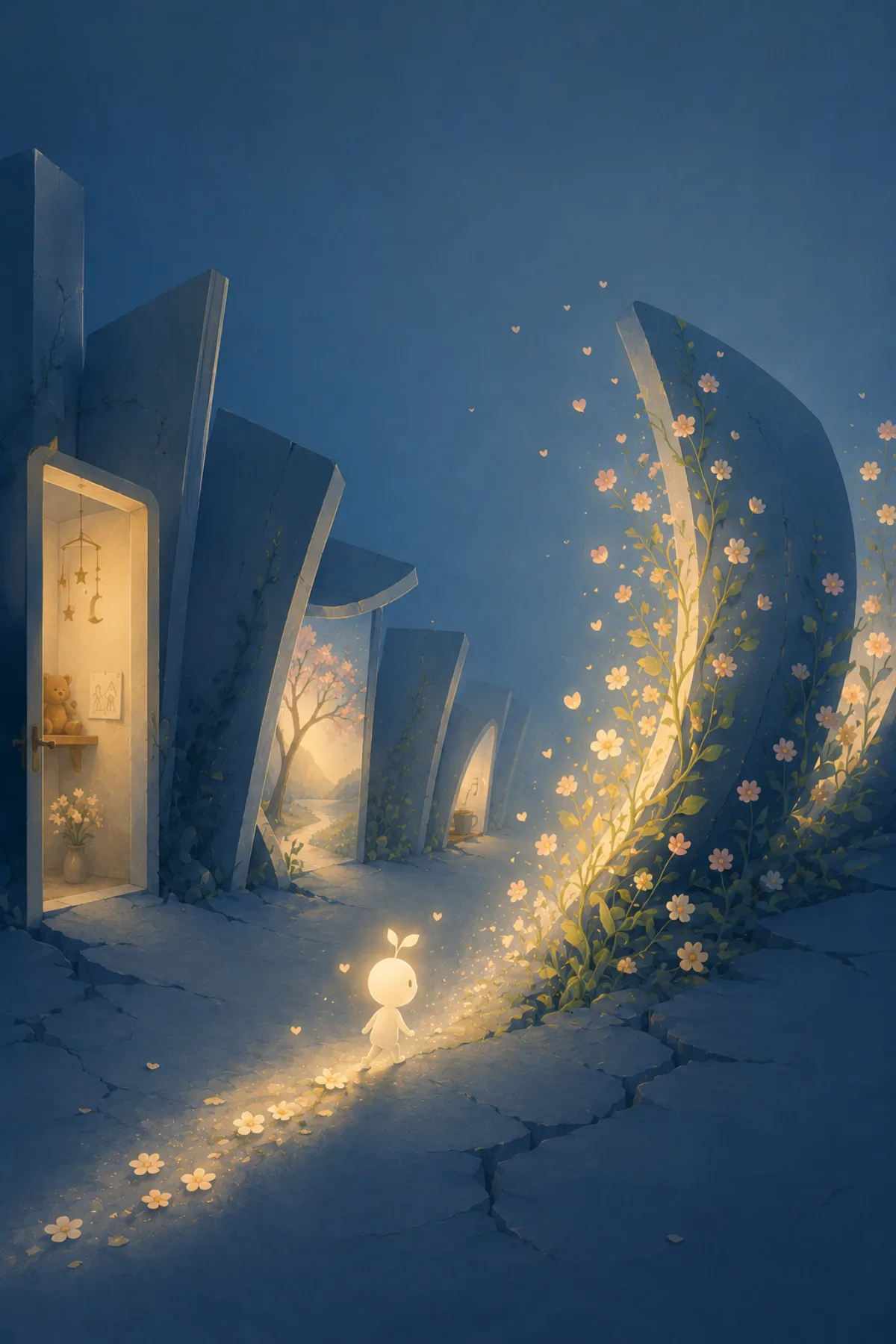 Una pequeña criatura luminosa con un brote en la cabeza camina entre grandes estructuras azules agrietadas que se curvan y florecen a su paso.