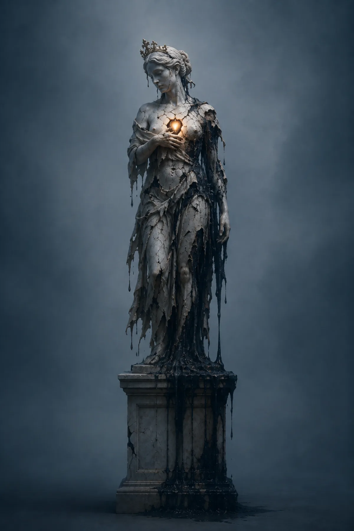 Una estatua clásica con una pequeña diadema se alza sobre un pedestal mientras su cuerpo se agrieta y se derrite en una sustancia oscura; en el pecho conserva un núcleo cálido encendido.