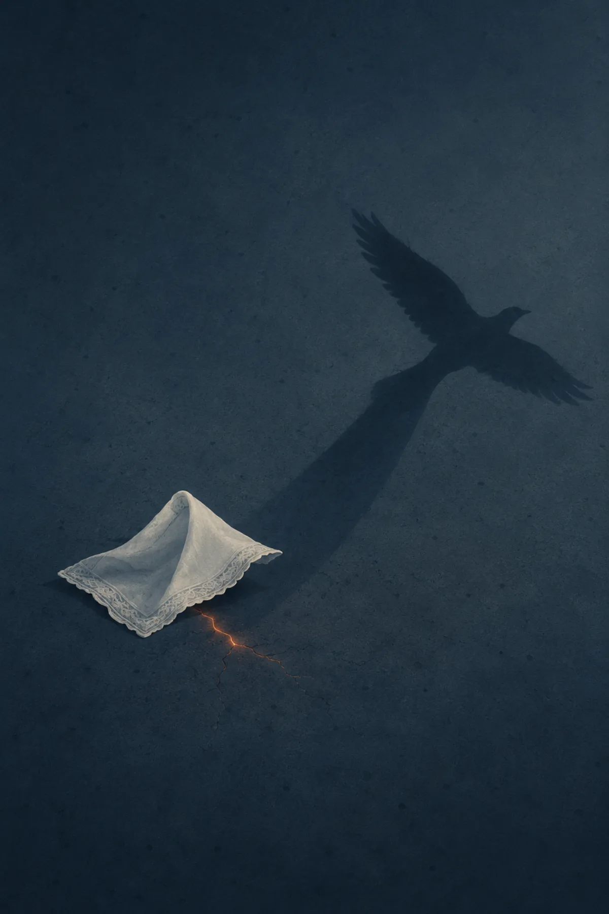 Un pañuelo blanco reposa sobre un fondo azul oscuro y proyecta la sombra de un ave en vuelo; bajo él, una pequeña grieta luminosa atraviesa el suelo.