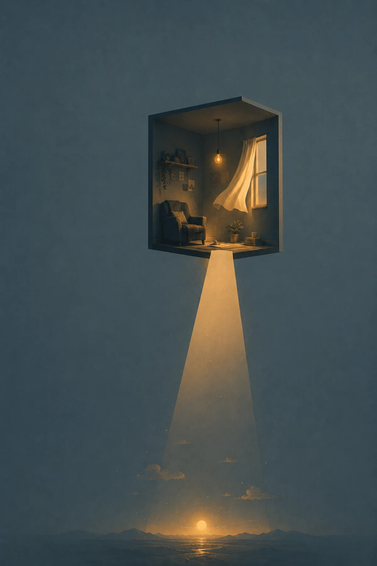 Una pequeña habitación cálida flota suspendida en el vacío azul grisáceo y proyecta un haz de luz hacia un horizonte lejano.