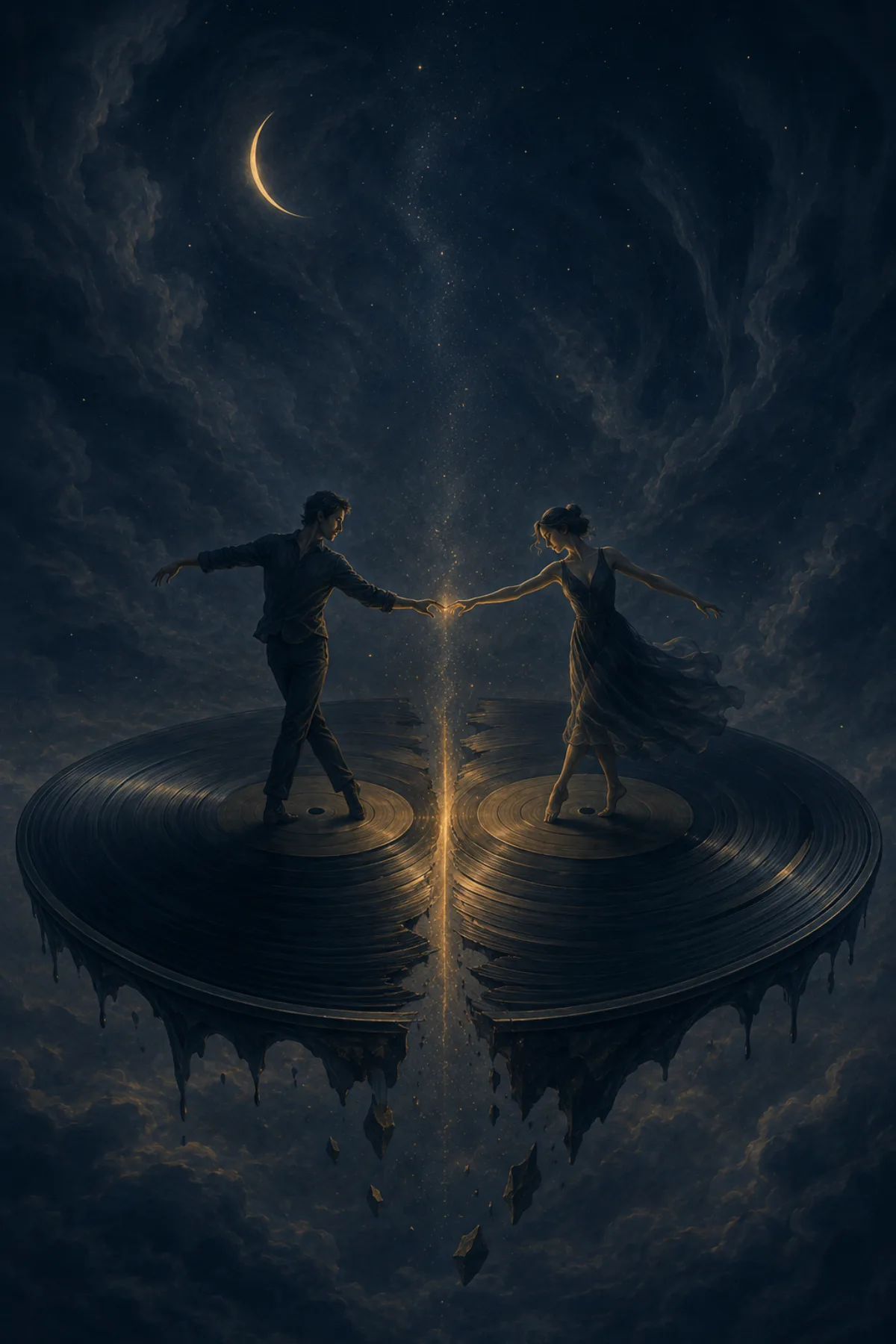 Una pareja baila sobre dos grandes discos de vinilo que se separan lentamente mientras sus manos aún se tocan en una franja de luz cálida.