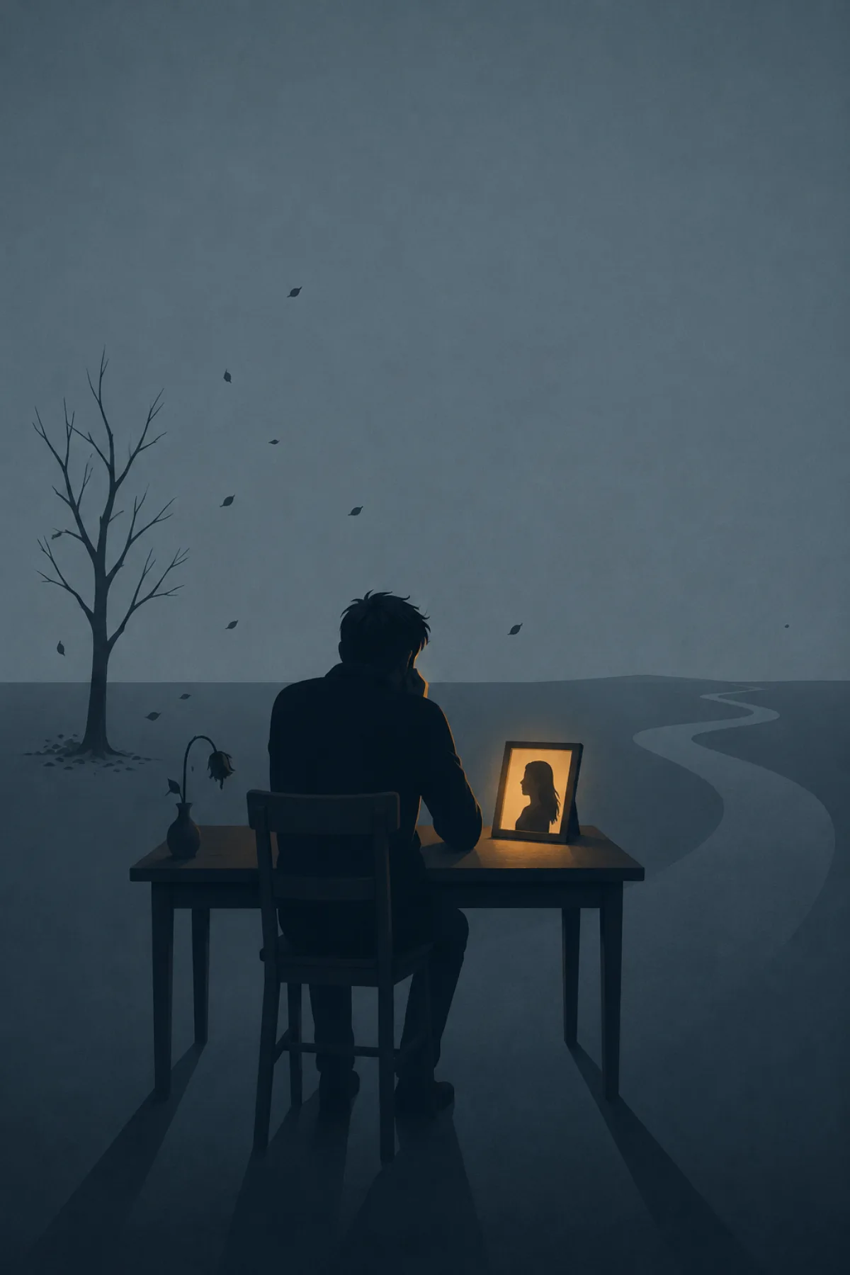 Un hombre sentado ante una mesa contempla un retrato femenino iluminado mientras una flor marchita, un árbol desnudo y un camino vacío ocupan el paisaje azul grisáceo.
