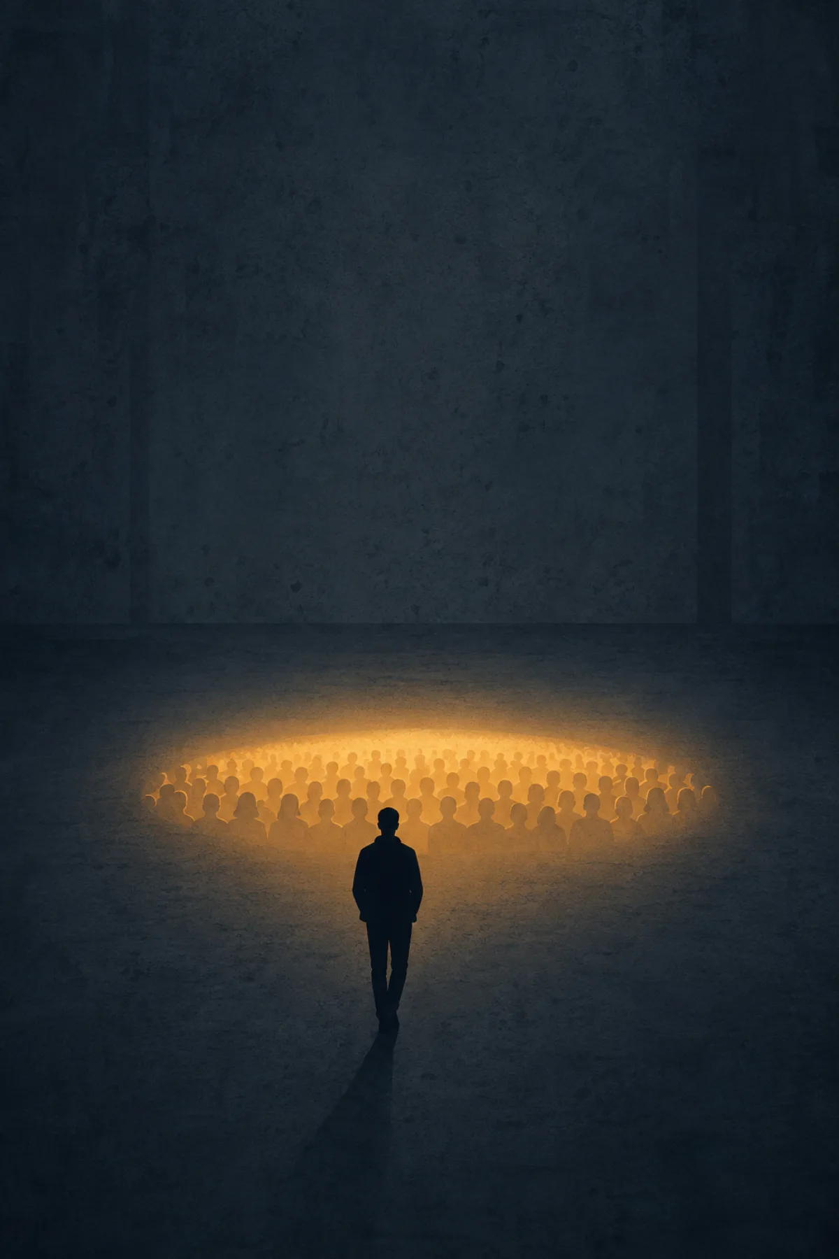 Una figura solitaria contempla en un recinto azul oscuro una multitud formada únicamente por una huella ovalada de luz dorada.