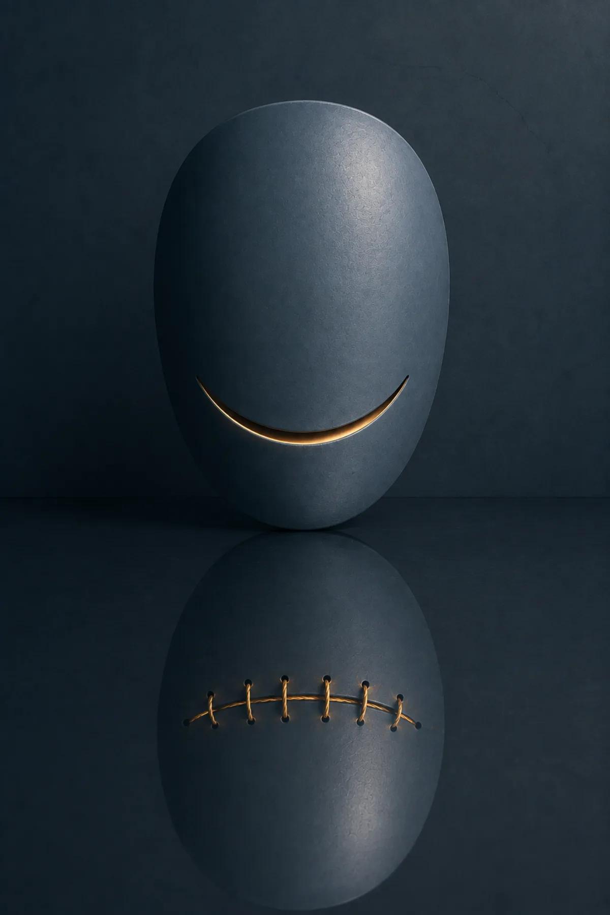 Una máscara ovalada azul grisácea muestra una sonrisa limpia y luminosa; en su reflejo, esa misma sonrisa aparece cerrada mediante puntadas doradas.