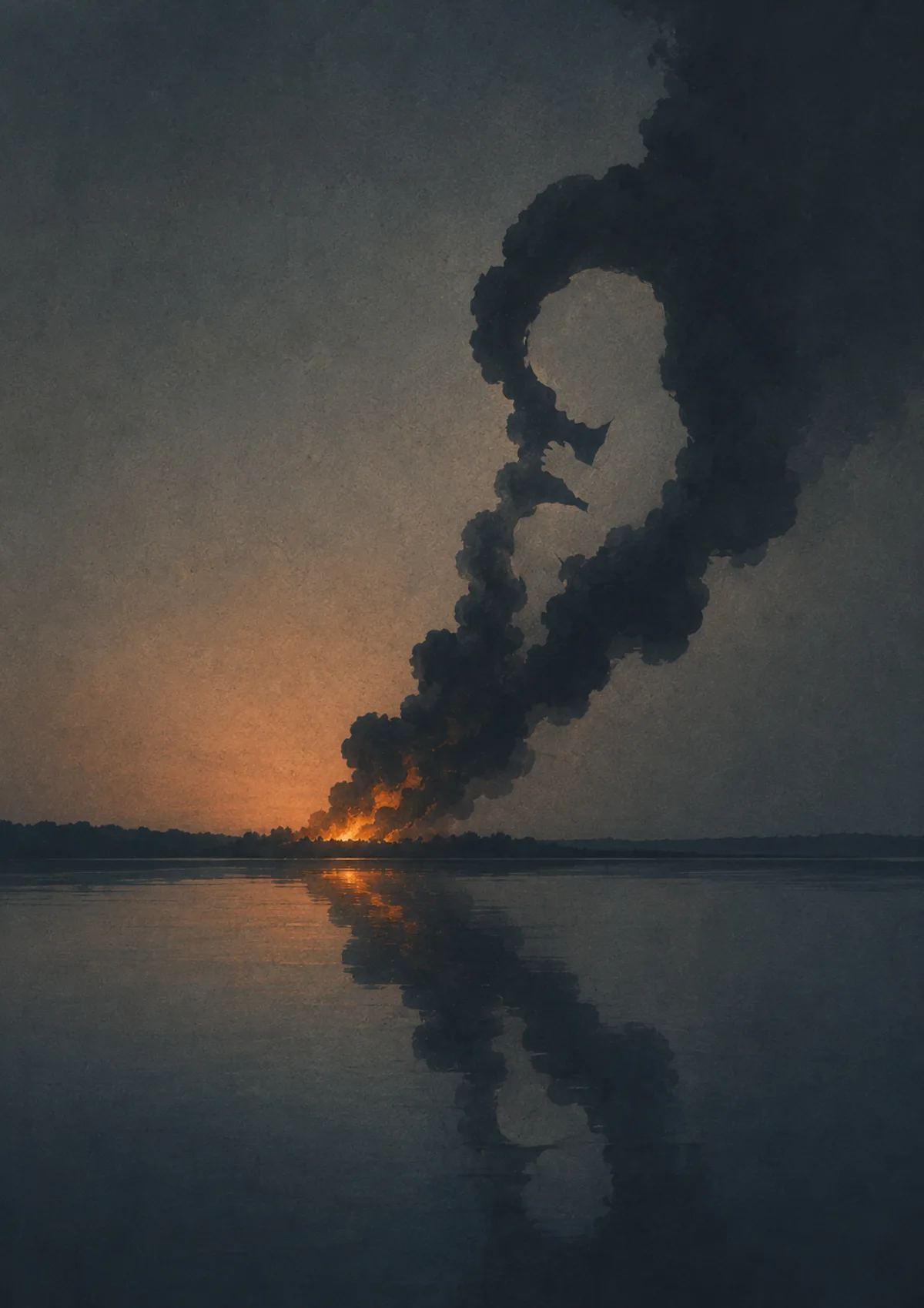 Una columna de humo negro asciende desde un incendio junto a un lago y forma en su interior la silueta de un bebé.