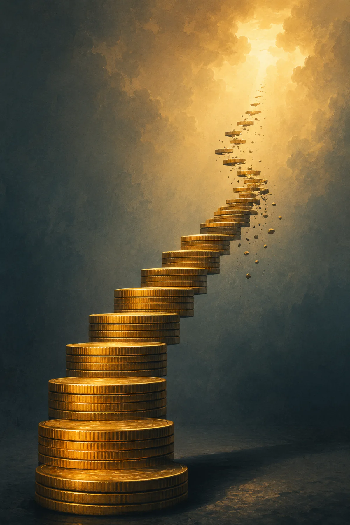 Una escalera de monedas doradas se fragmenta antes de alcanzar una puerta luminosa suspendida en la oscuridad.