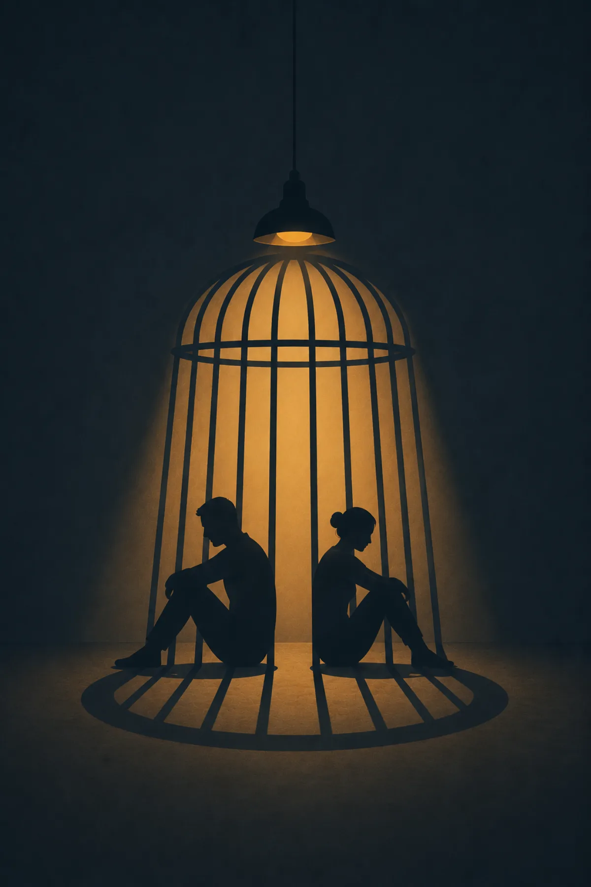 Una lámpara colgante proyecta una jaula de sombras sobre dos figuras sentadas de espaldas, separadas dentro del mismo círculo de luz.