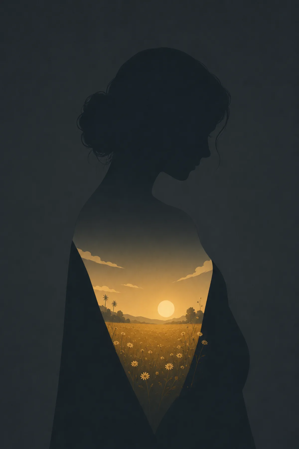 La silueta de una persona guarda en su interior un prado soleado con flores bajo un cielo de amanecer.