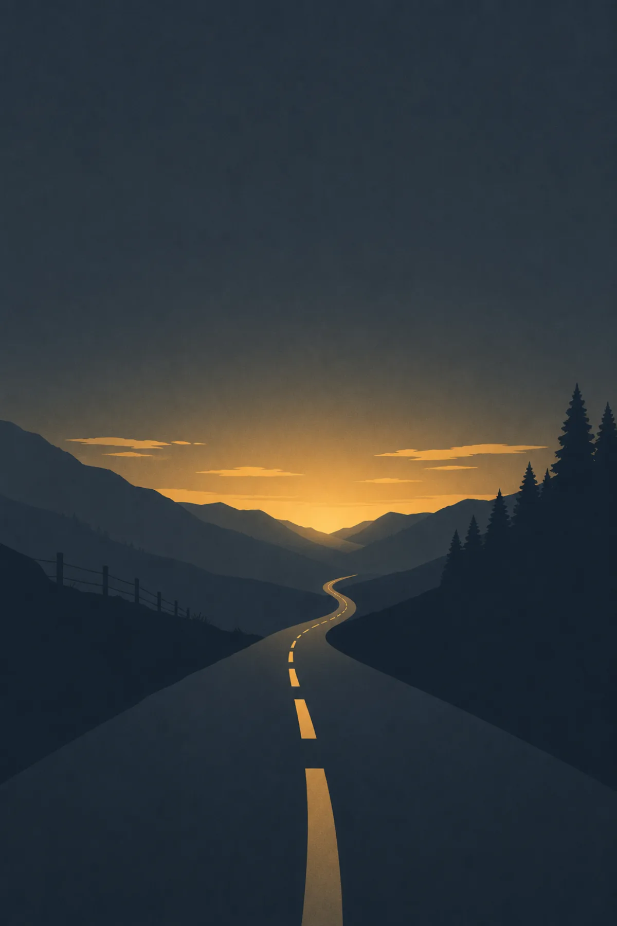 Una carretera oscura serpentea entre montañas azul grisáceas y conduce hacia una luz cálida en el horizonte.
