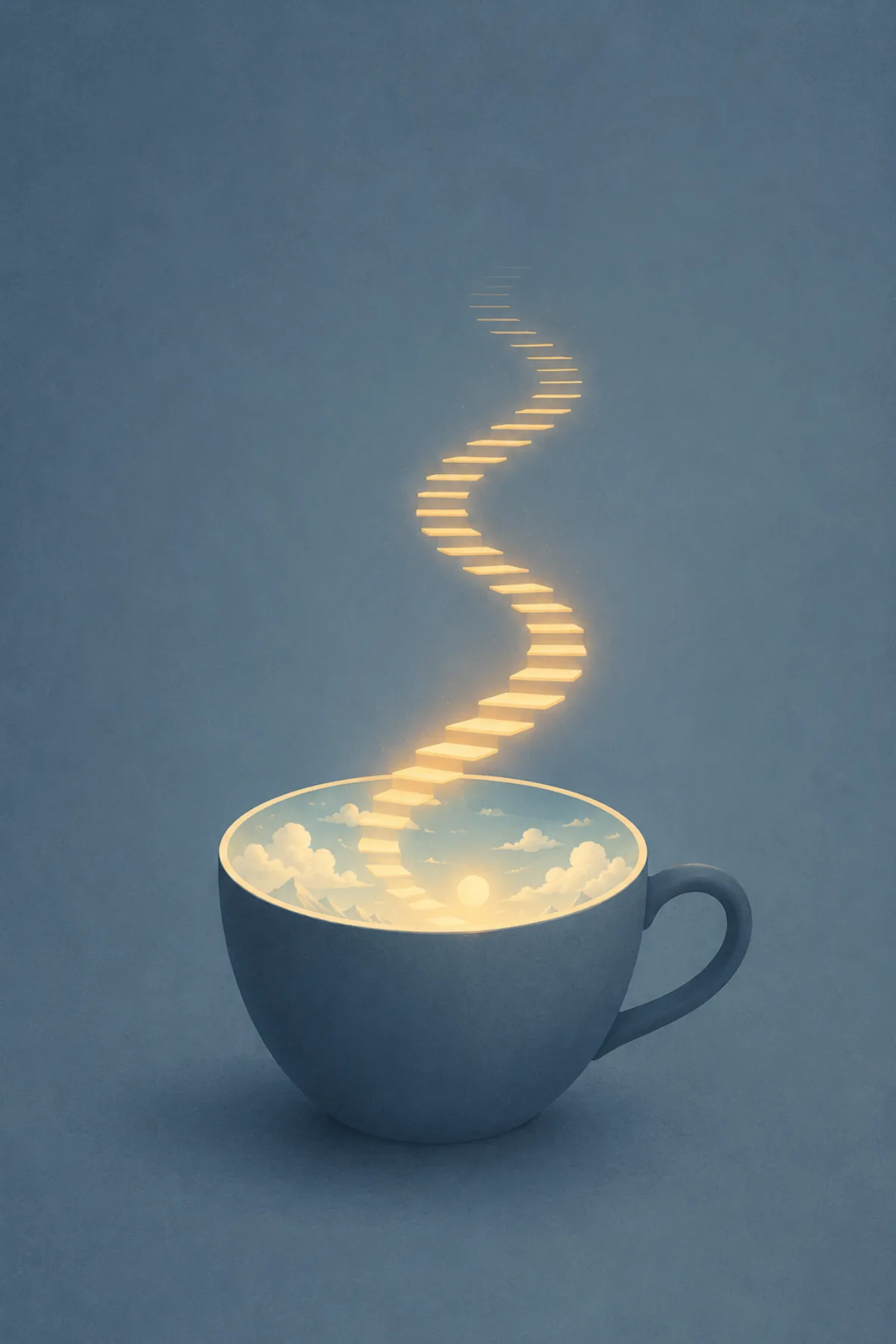 Una taza azul grisácea contiene un pequeño cielo luminoso del que emerge una escalera ámbar que asciende y se pierde fuera de la imagen.