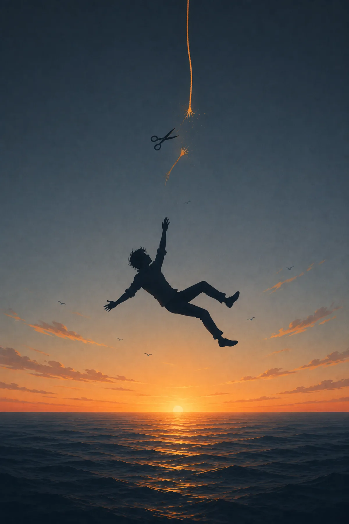 Una silueta cae de forma liberadora hacia el mar al amanecer después de cortar la cuerda luminosa que la sostenía.