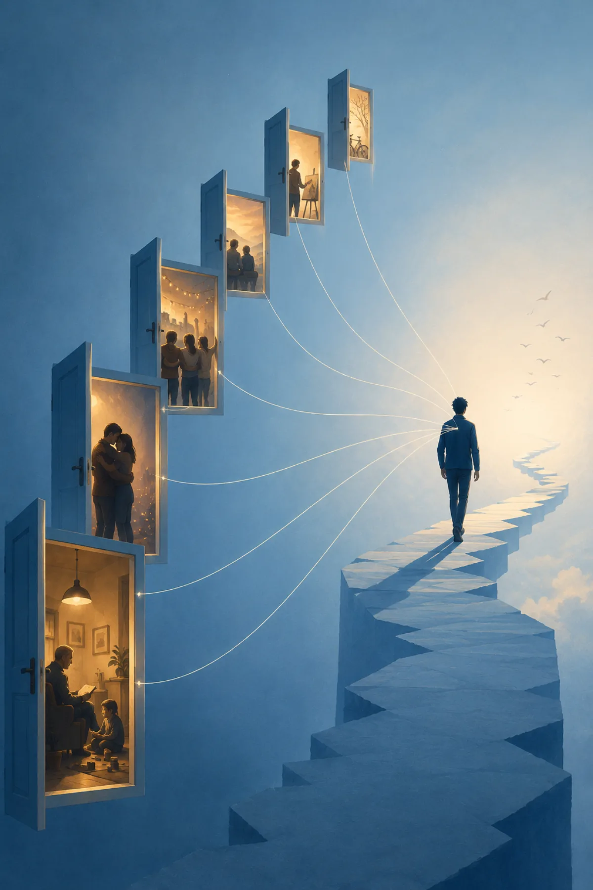 Un hombre avanza por una escalera suspendida entre nubes azules mientras varias puertas entreabiertas muestran recuerdos de su vida y permanecen unidas a él por hilos de luz.