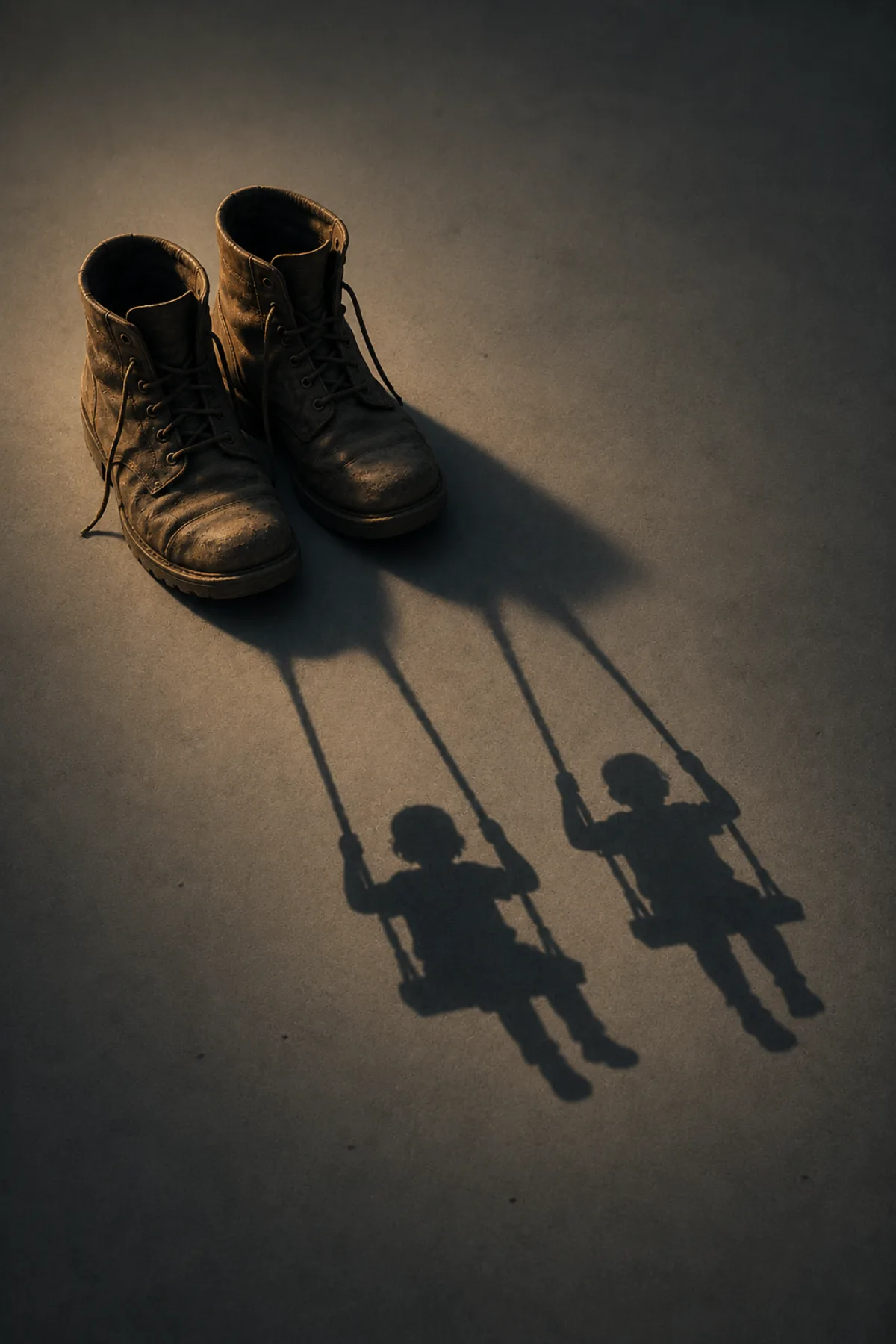 Unas botas de trabajo gastadas proyectan una sombra que revela a dos niños balanceándose en unos columpios.