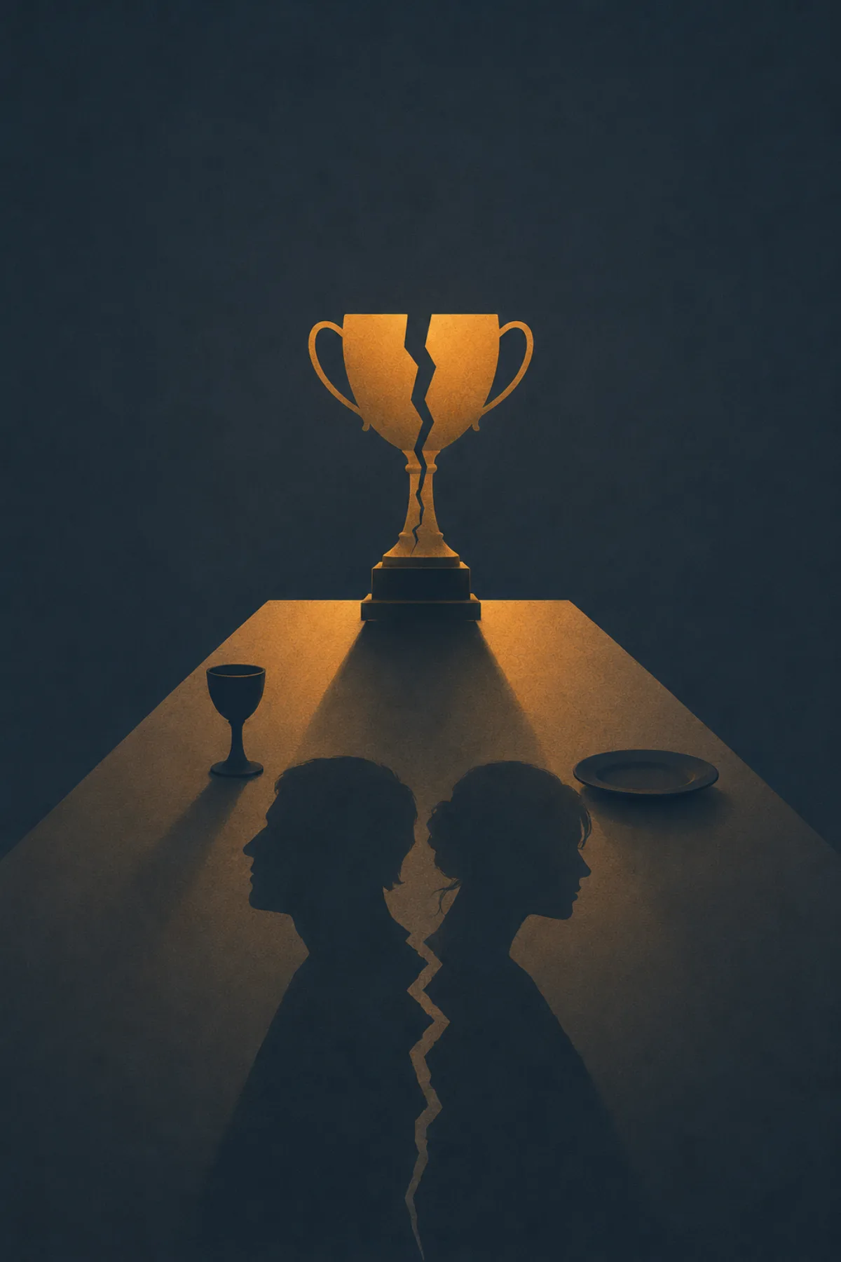 Un trofeo dorado aparece partido en dos sobre una mesa; su sombra forma dos perfiles humanos de espaldas, separados por una grieta.